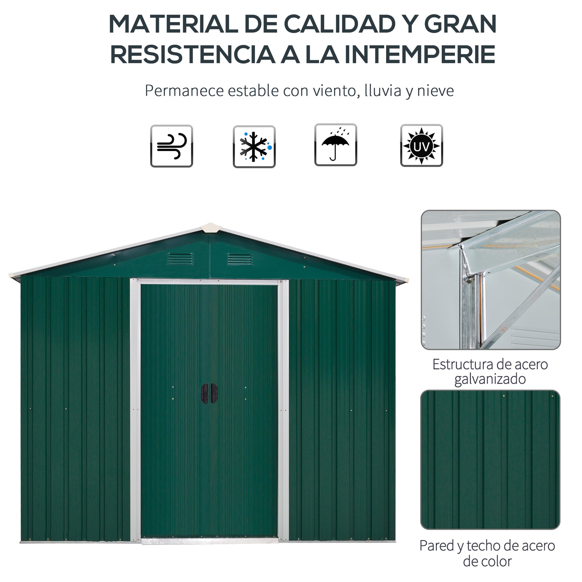 Outsunny Caseta de Jardín Exterior 3,6 m² 236x174x190 cm Cobertizo de Jardín Exterior con 2 Puertas Correderas Techo Inclinado y 4 Ventanas para Patio Terraza Verde