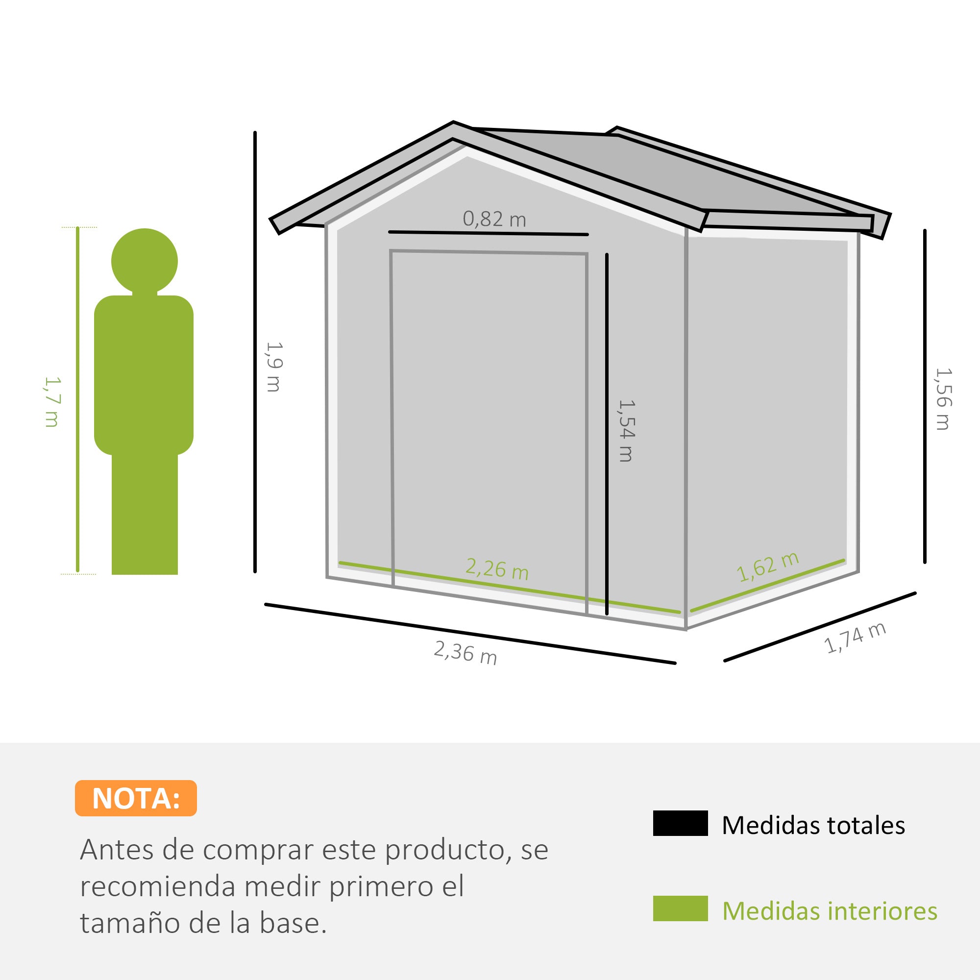 Outsunny Caseta de Jardín Exterior 3,6 m² 236x174x190 cm Cobertizo de Jardín Exterior con 2 Puertas Correderas Techo Inclinado y 4 Ventanas para Patio Terraza Verde