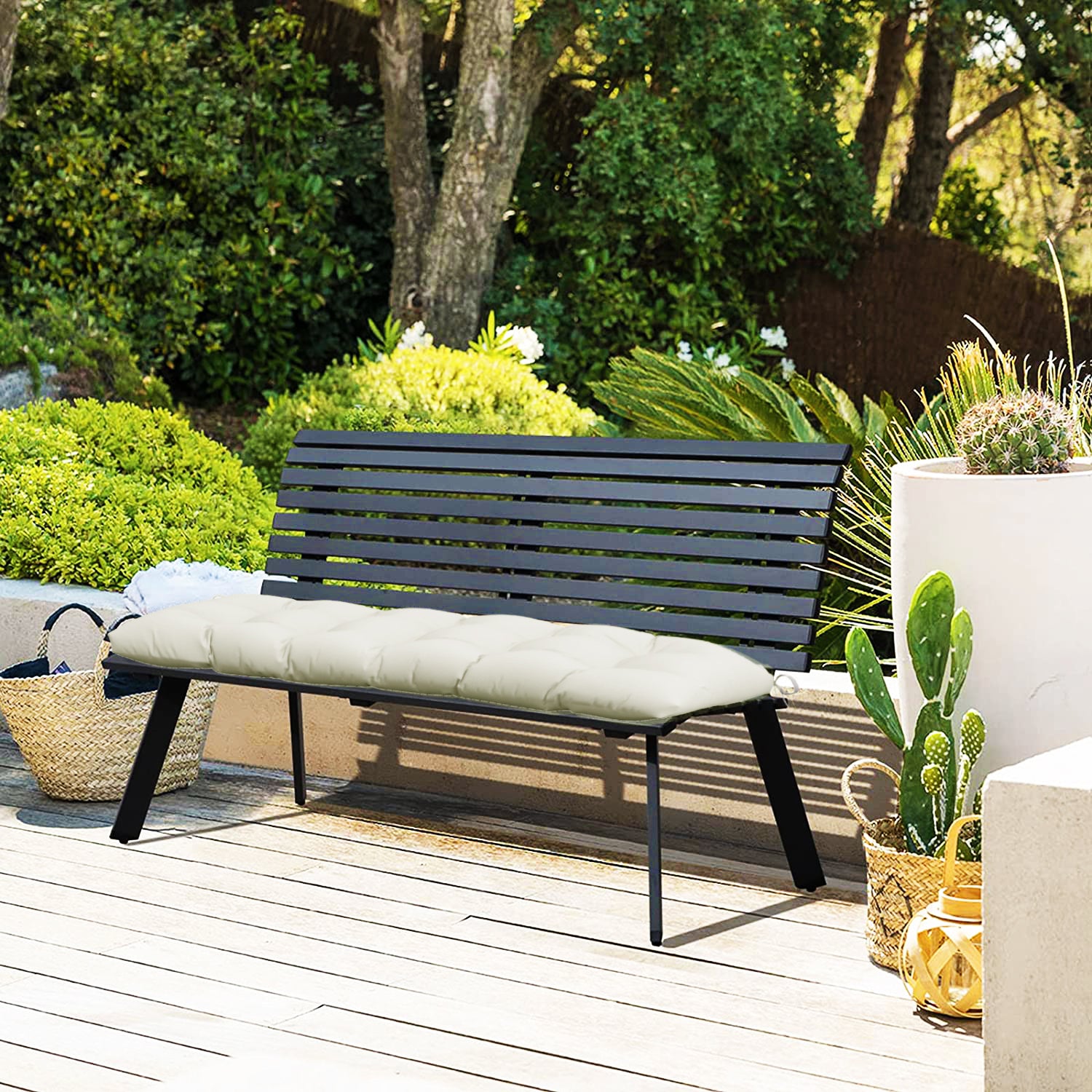 Outsunny Cojín para Banco 128x48x8 cm Colchón de Banco de Jardín con 2 Cordones de Fijación Impermeable y Protección UV 50+ para Columpio de Jardín Terraza Crema