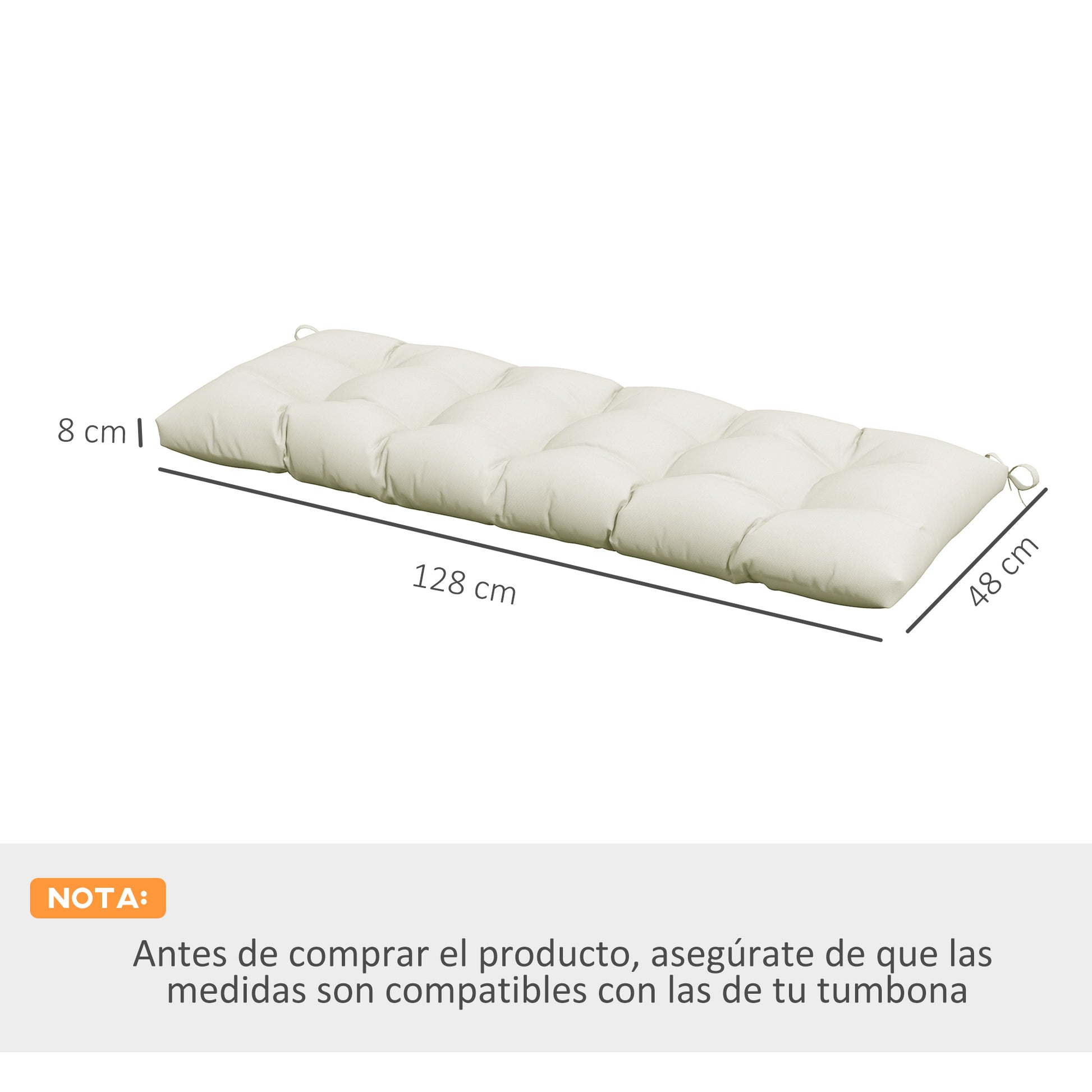 Outsunny Cojín para Banco 128x48x8 cm Colchón de Banco de Jardín con 2 Cordones de Fijación Impermeable y Protección UV 50+ para Columpio de Jardín Terraza Crema