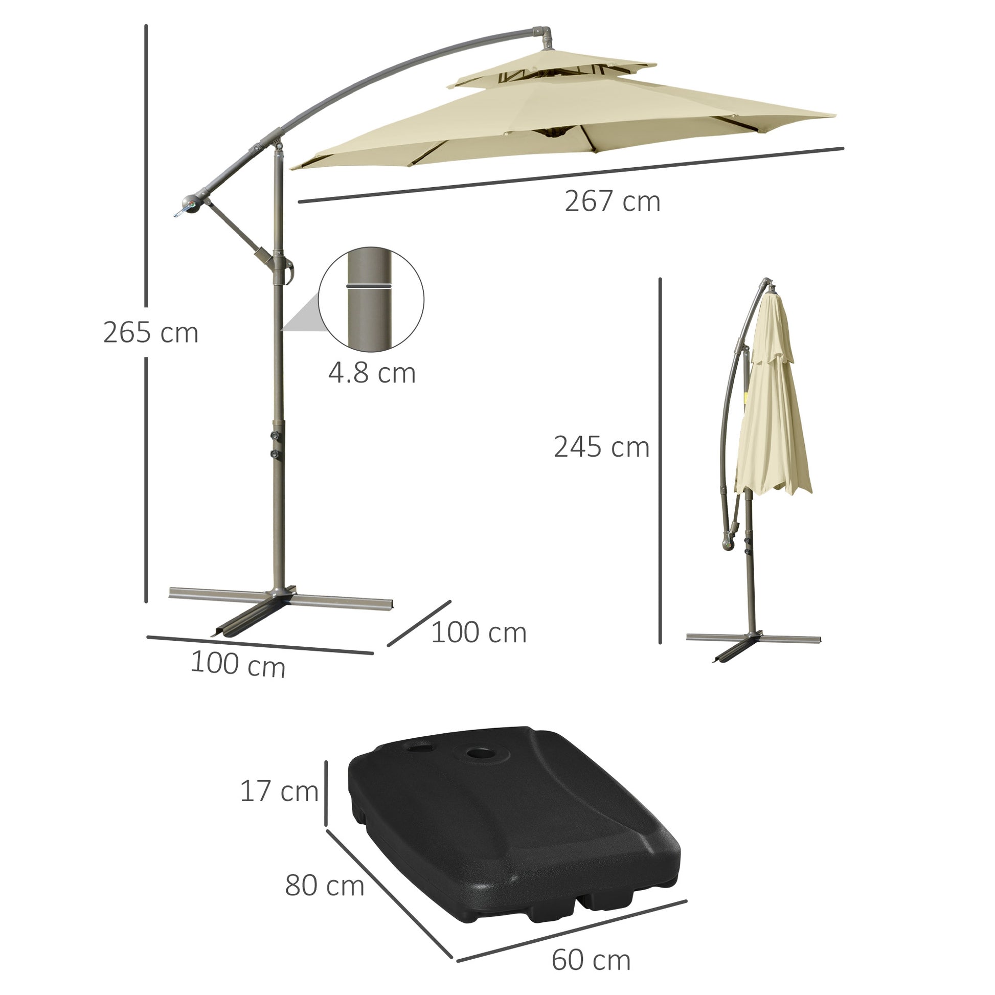 Outsunny Conjunto de Sombrilla Incluye 1 Sombrilla de Jardín Ø267x265 cm y 1 Base de Sombrilla Rellenable de Agua 60 kg Arena 68 kg o Mixto 75 kg Beige y Negro