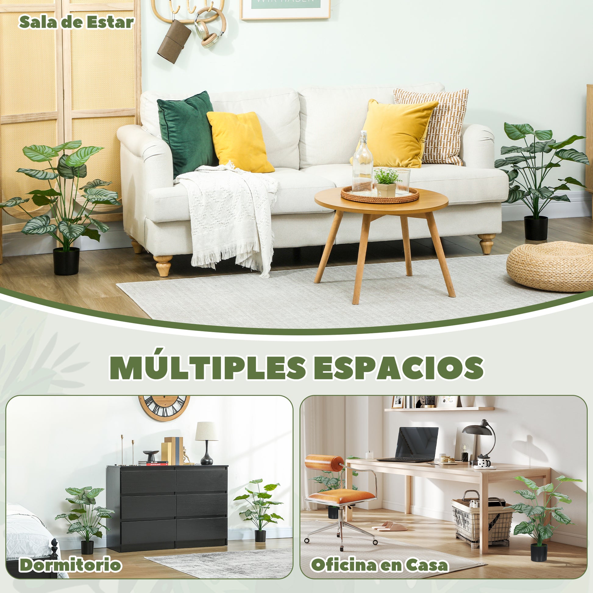 HOMCOM Conjunto de 2 Plantas Artificiales Decorativas 65 cm Plantas Artificiales con Maceta y Hojas para Interior Hogar Salón Oficina Verde