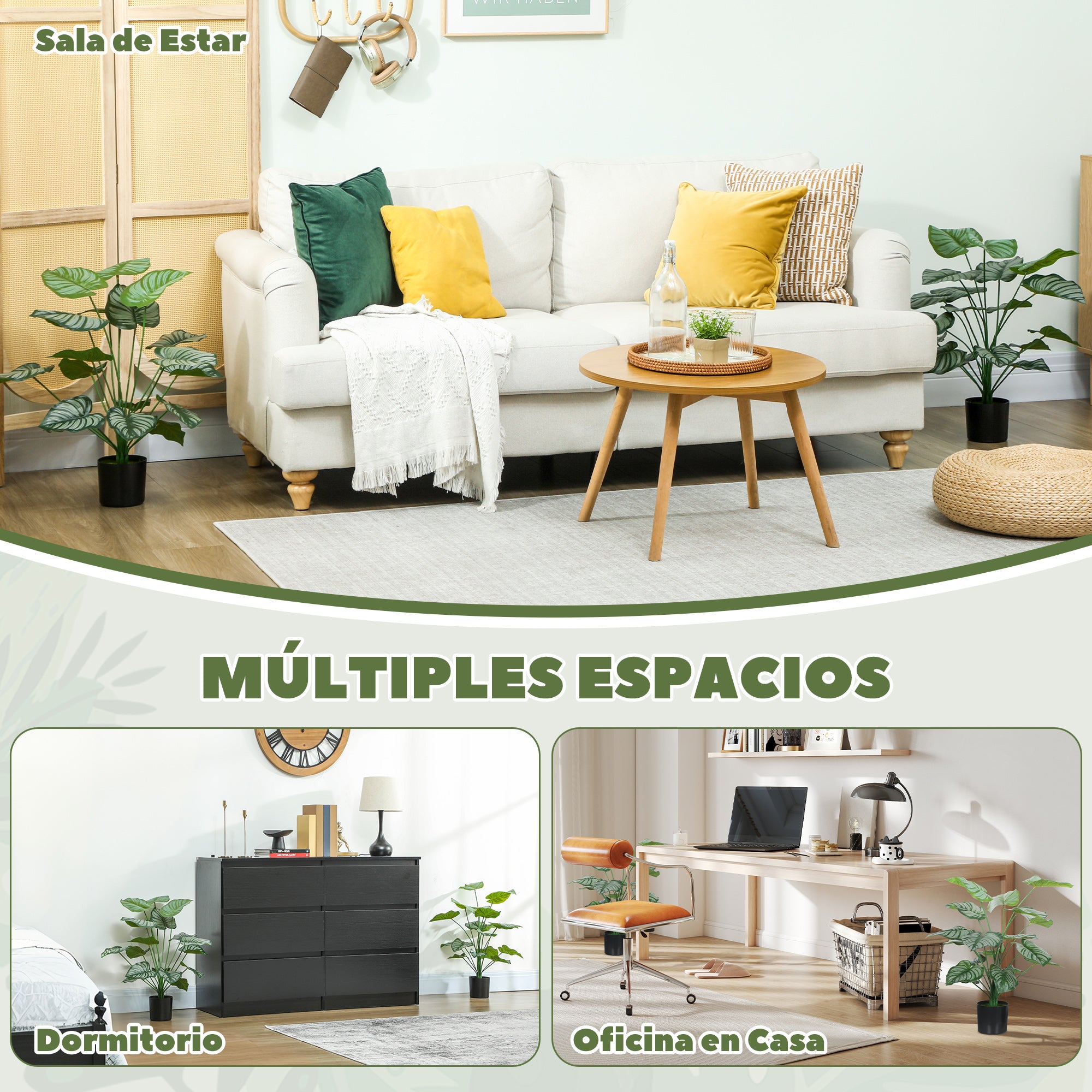 HOMCOM Conjunto de 2 Plantas Artificiales Decorativas 65 cm Plantas Artificiales con Maceta y Hojas para Interior Hogar Salón Oficina Verde