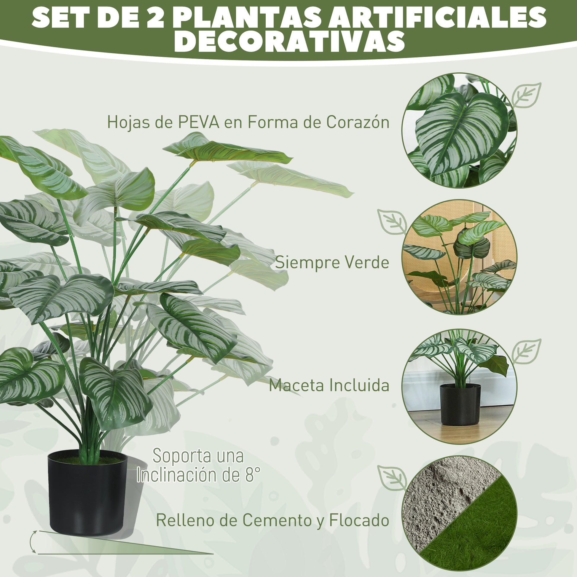 HOMCOM Conjunto de 2 Plantas Artificiales Decorativas 65 cm Plantas Artificiales con Maceta y Hojas para Interior Hogar Salón Oficina Verde