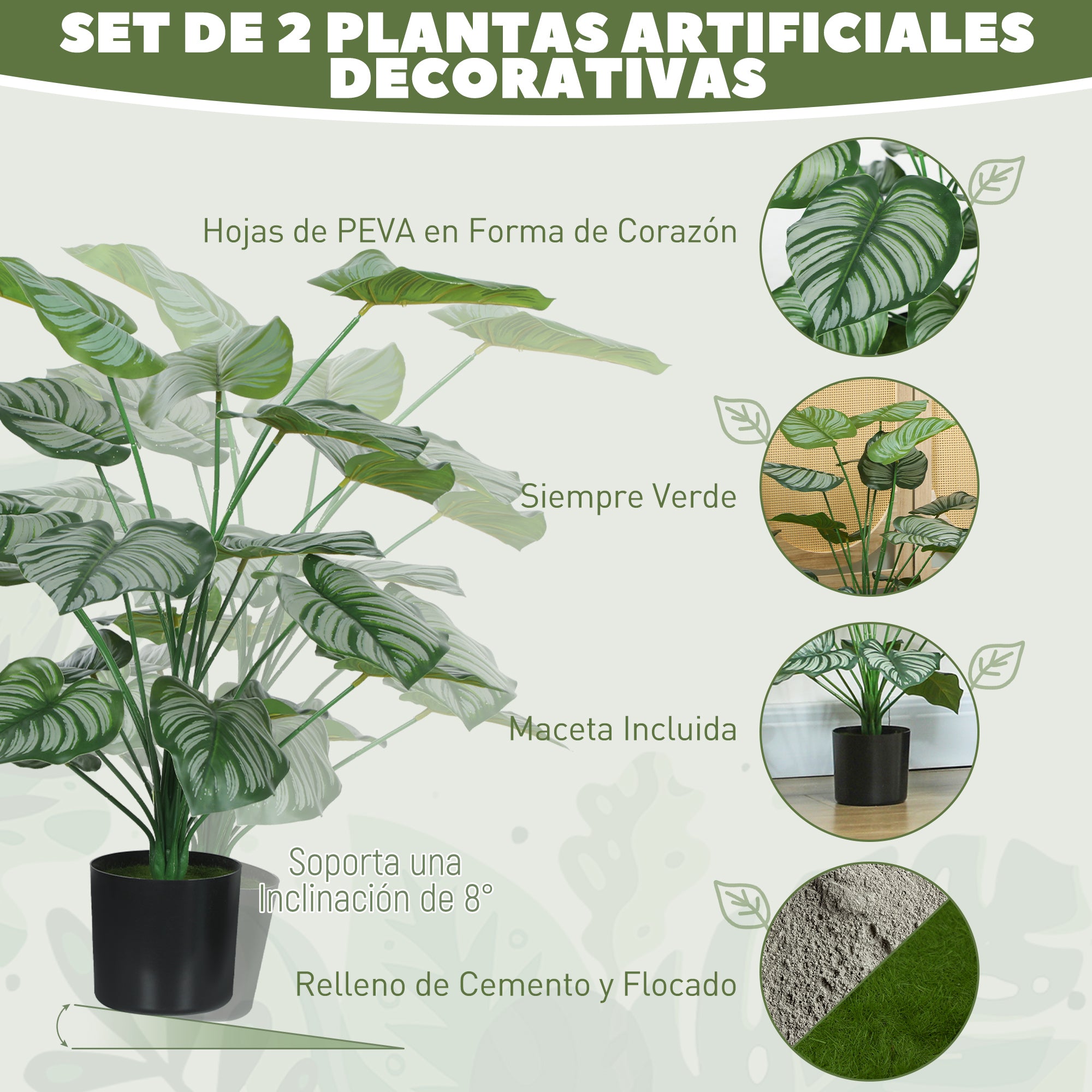 HOMCOM Conjunto de 2 Plantas Artificiales Decorativas 65 cm Plantas Artificiales con Maceta y Hojas para Interior Hogar Salón Oficina Verde