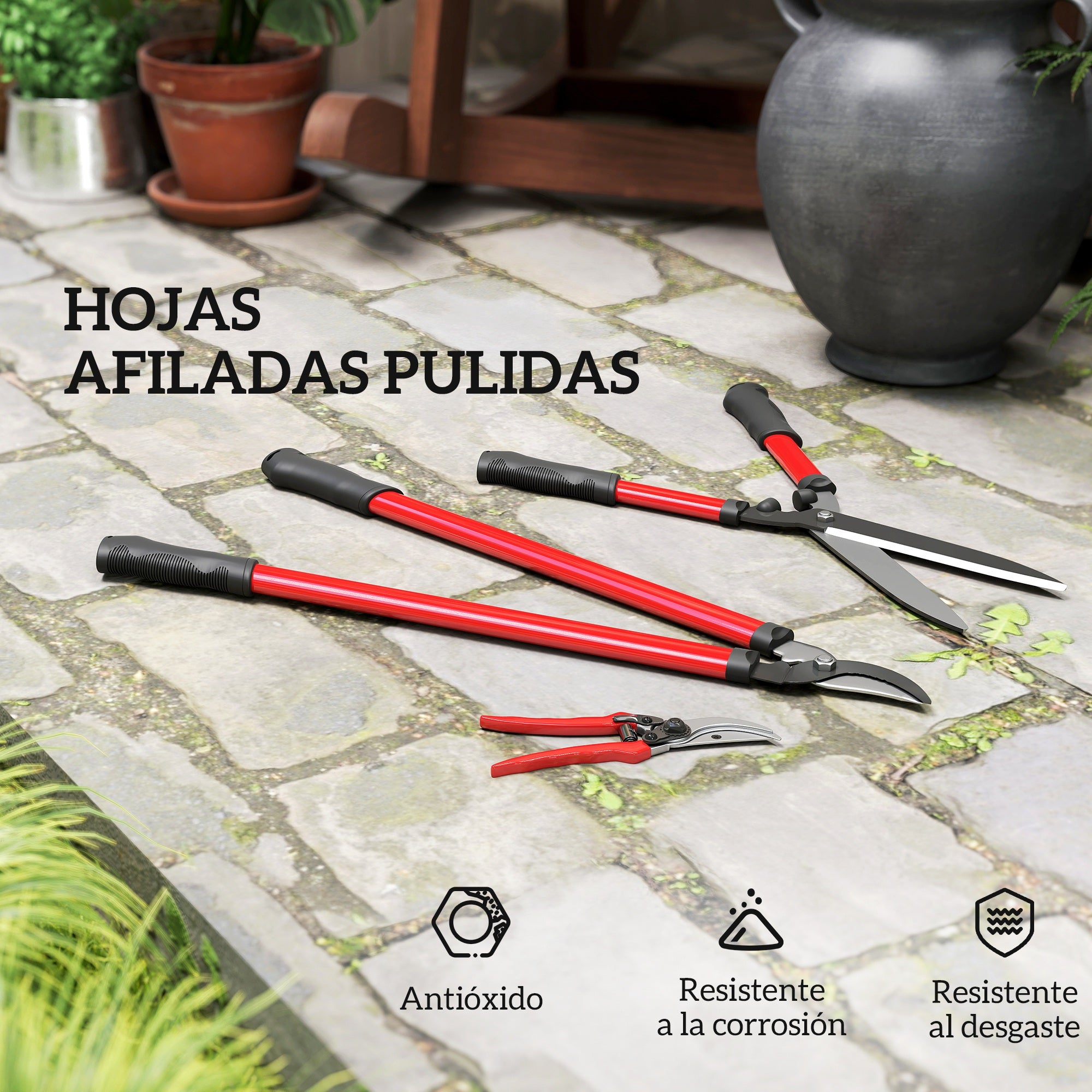 Outsunny Juego de Herramientas para Jardín de 3 Piezas Juego de Herramientas Jardinería con Tijeras de Jardín Cortarramas Tijeras de Podar y Mangos de Goma Antideslizantes Ligera Para Podar Plantas