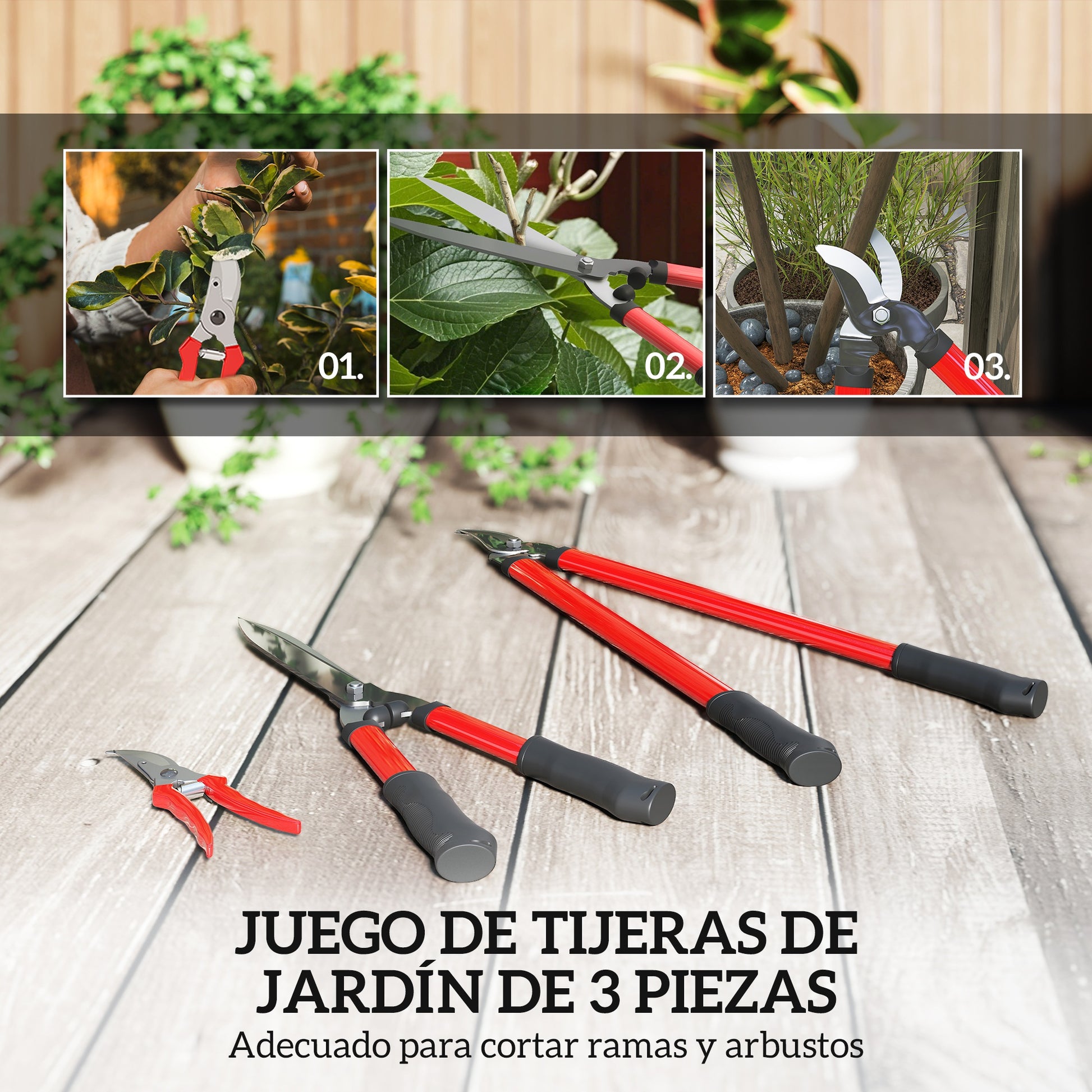Outsunny Juego de Herramientas para Jardín de 3 Piezas Juego de Herramientas Jardinería con Tijeras de Jardín Cortarramas Tijeras de Podar y Mangos de Goma Antideslizantes Ligera Para Podar Plantas