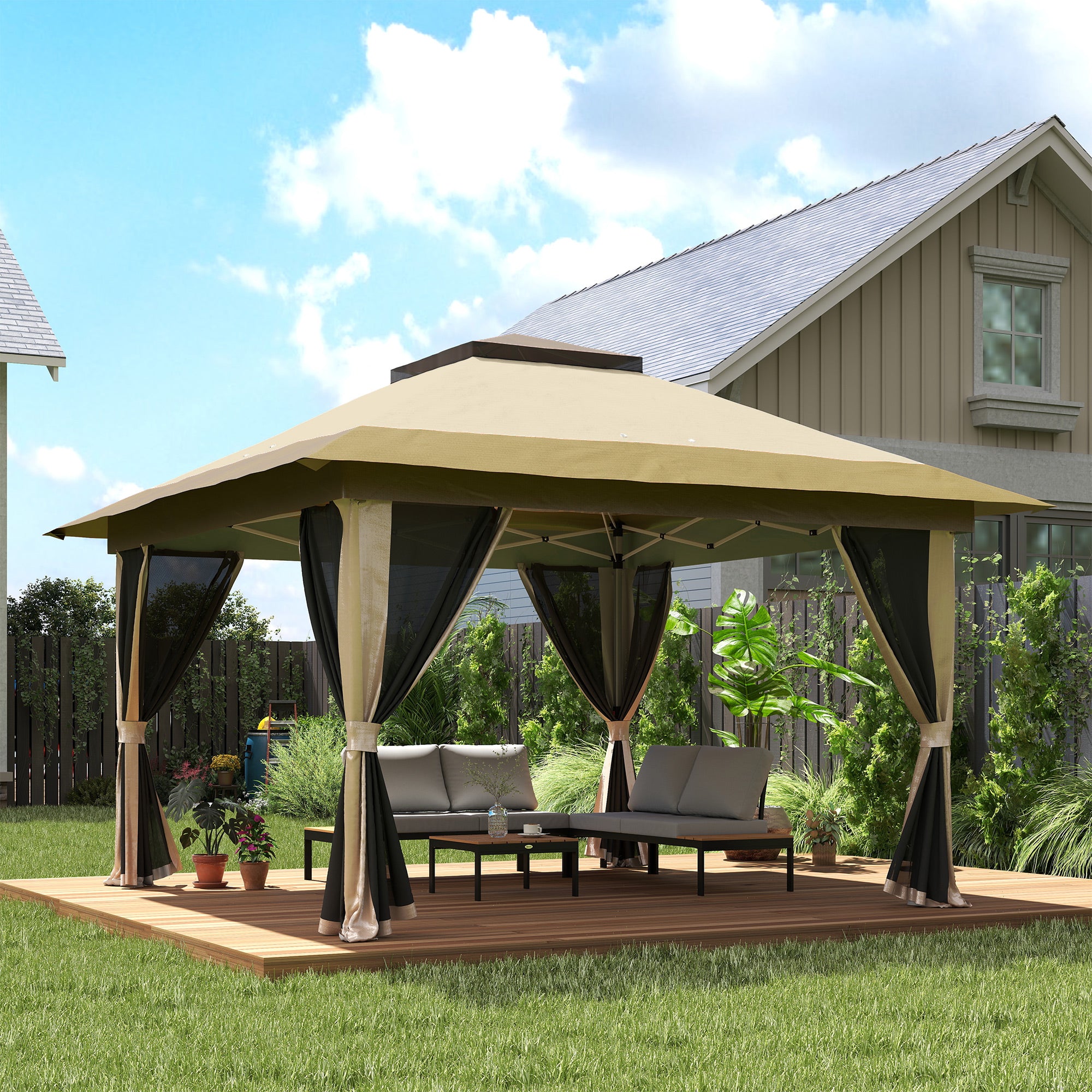 Outsunny Carpa Plegable Gazebo, 3,6x3,6 m, Cenador Plegable con 4 Paredes Laterales de Malla, Anti-UV, Altura Ajustable, Bolsa de Arena y Bolsa de Transporte, para Camping, Fiestas, Beige