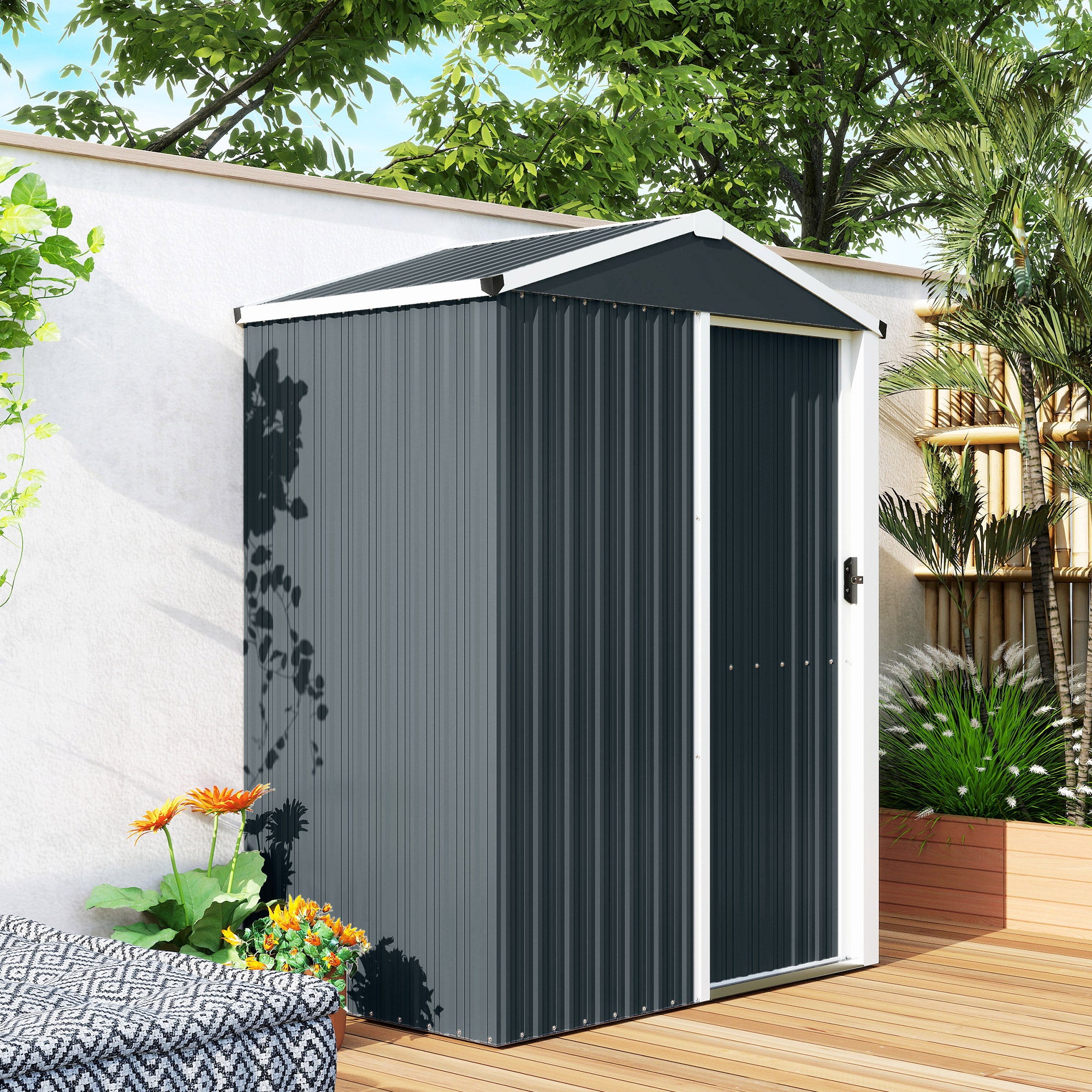 Outsunny Caseta de Jardín Exterior 1,1 m², 136x87x179 cm, Cobertizo de Jardín Exterior Metálico con Puerta Corredera, Techo Inclinado y Guantes, para Almacenaje de Herramientas Bicicletas, Gris Oscuro