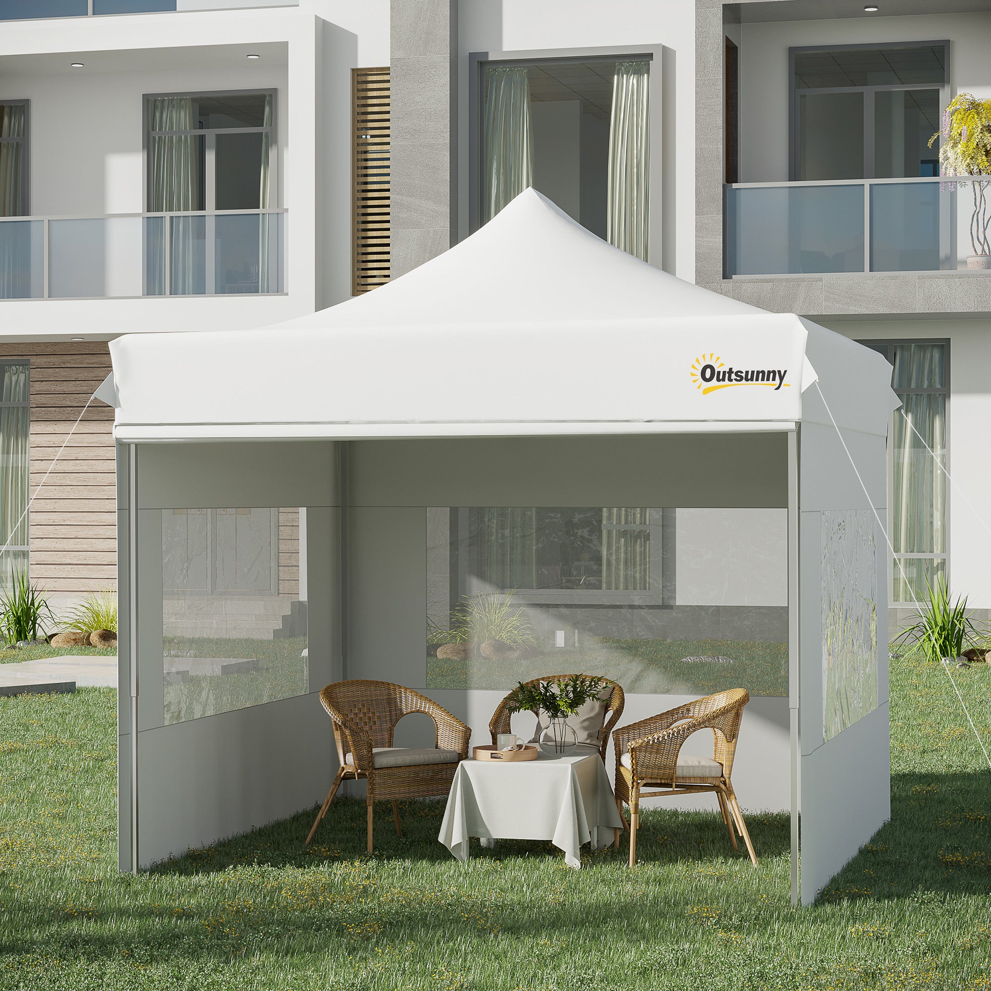 Outsunny Carpa Plegable 3x3 m con Altura Ajustable Cenador de Jardín con 4 Paredes Extraíbles de Tela Oxford 4 Ventanas y Bolsa de Transporte Impermeable Gazebo para Exterior Terraza Camping Blanco