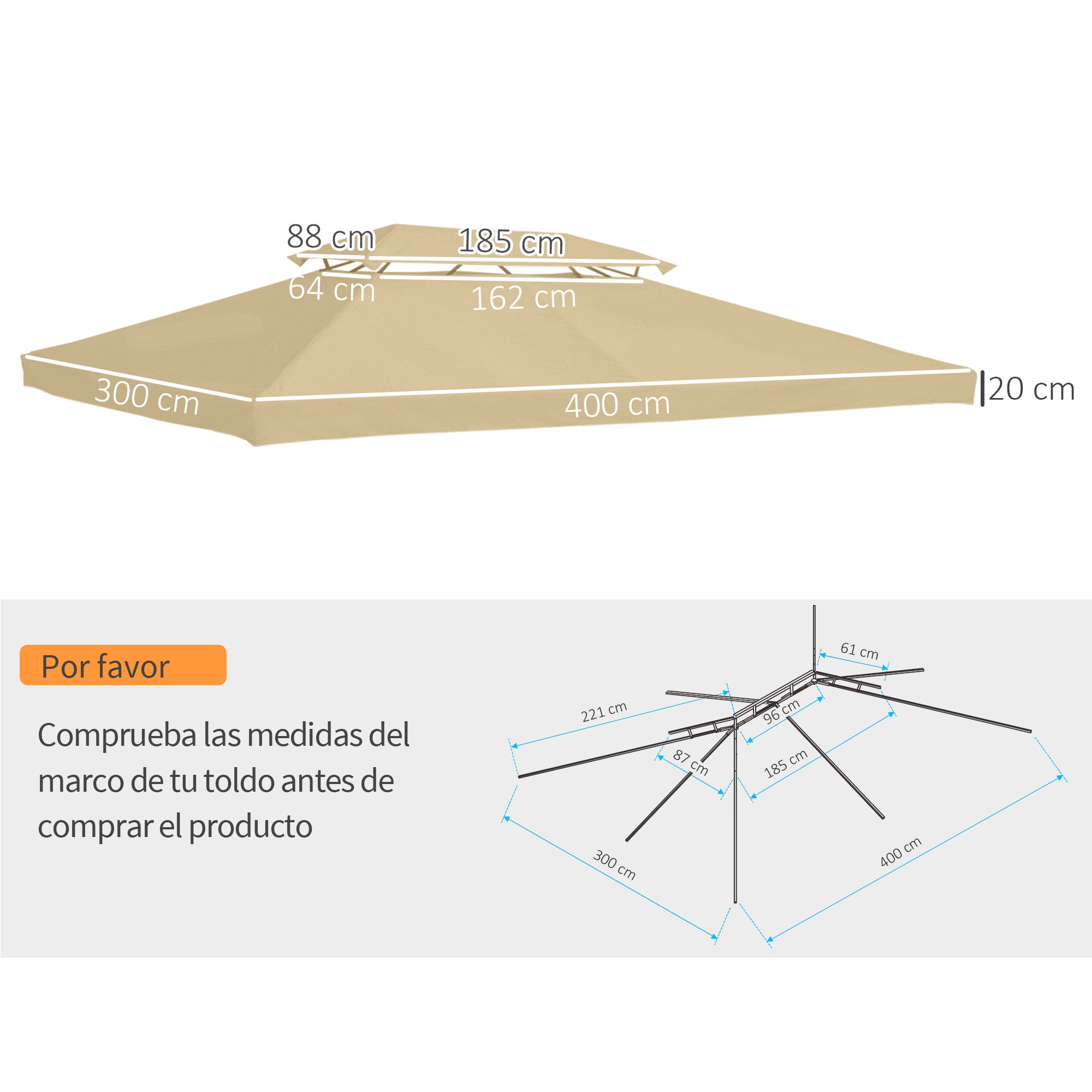 Outsunny Techo de Repuesto para Cenador 4x3 m Cubierta de Repuesto con Techo Doble 10 Orificios de Drenaje y Protección UV Toldo de Recambio para Pabellón Gazebo Crema