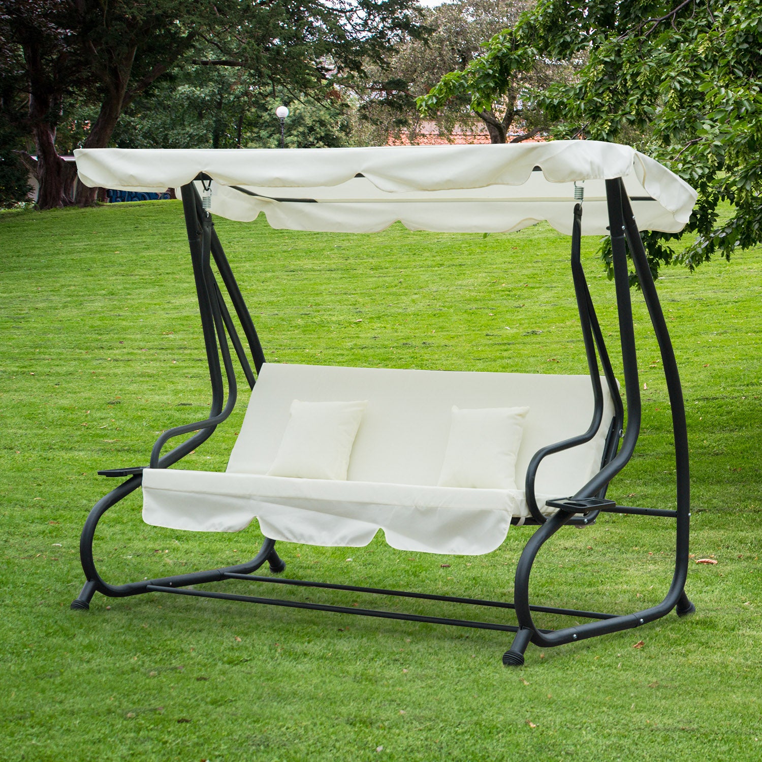 Outsunny Columpio Balancín Jardín 3 Plazas Convertible en Cama Techo Parasol Regulable Bandeja para Bebida Terrza Balcón Exterior Carga máx. 340kg Acero 200x120x164cm Beige