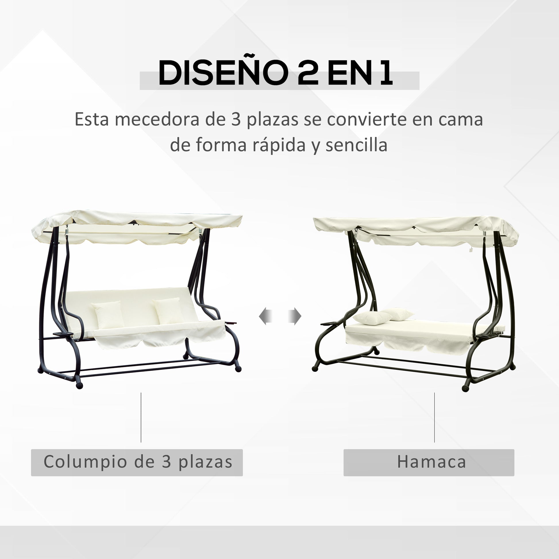 Outsunny Columpio Balancín Jardín 3 Plazas Convertible en Cama Techo Parasol Regulable Bandeja para Bebida Terrza Balcón Exterior Carga máx. 340kg Acero 200x120x164cm Beige
