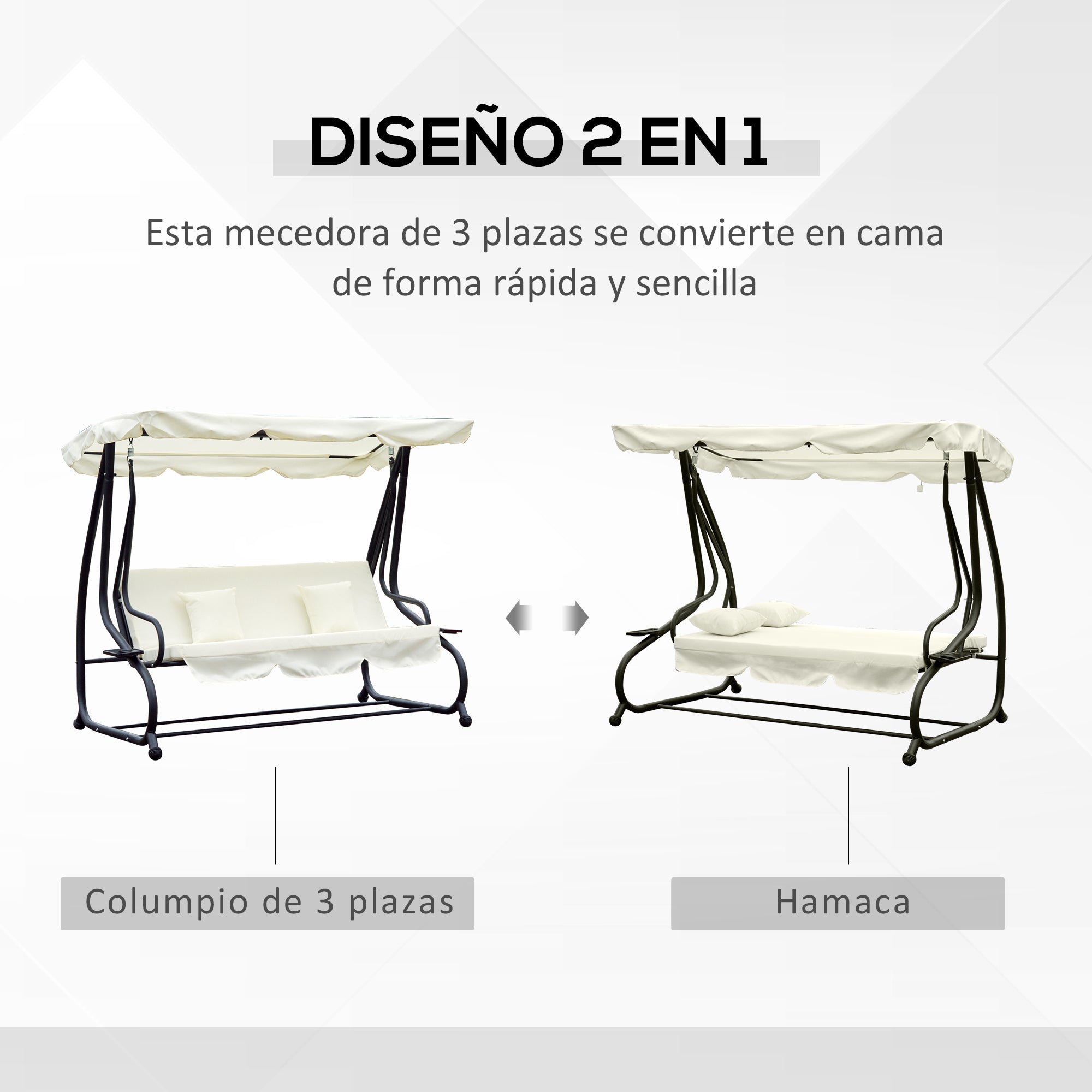 Outsunny Columpio Balancín Jardín 3 Plazas Convertible en Cama Techo Parasol Regulable Bandeja para Bebida Terrza Balcón Exterior Carga máx. 340kg Acero 200x120x164cm Beige
