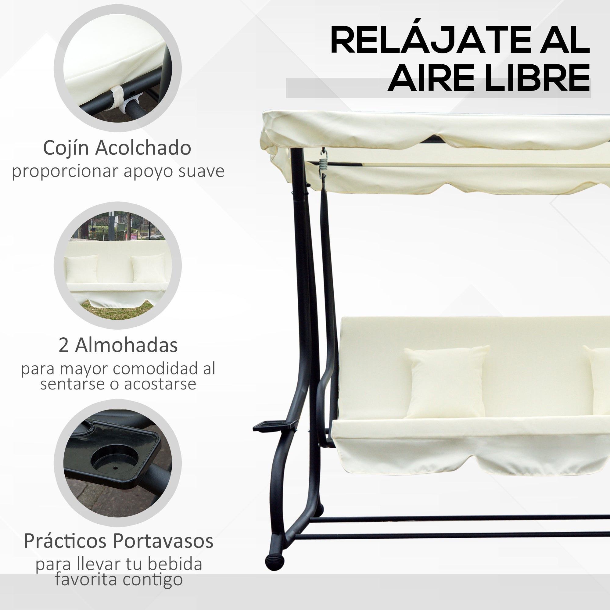 Outsunny Columpio Balancín Jardín 3 Plazas Convertible en Cama Techo Parasol Regulable Bandeja para Bebida Terrza Balcón Exterior Carga máx. 340kg Acero 200x120x164cm Beige
