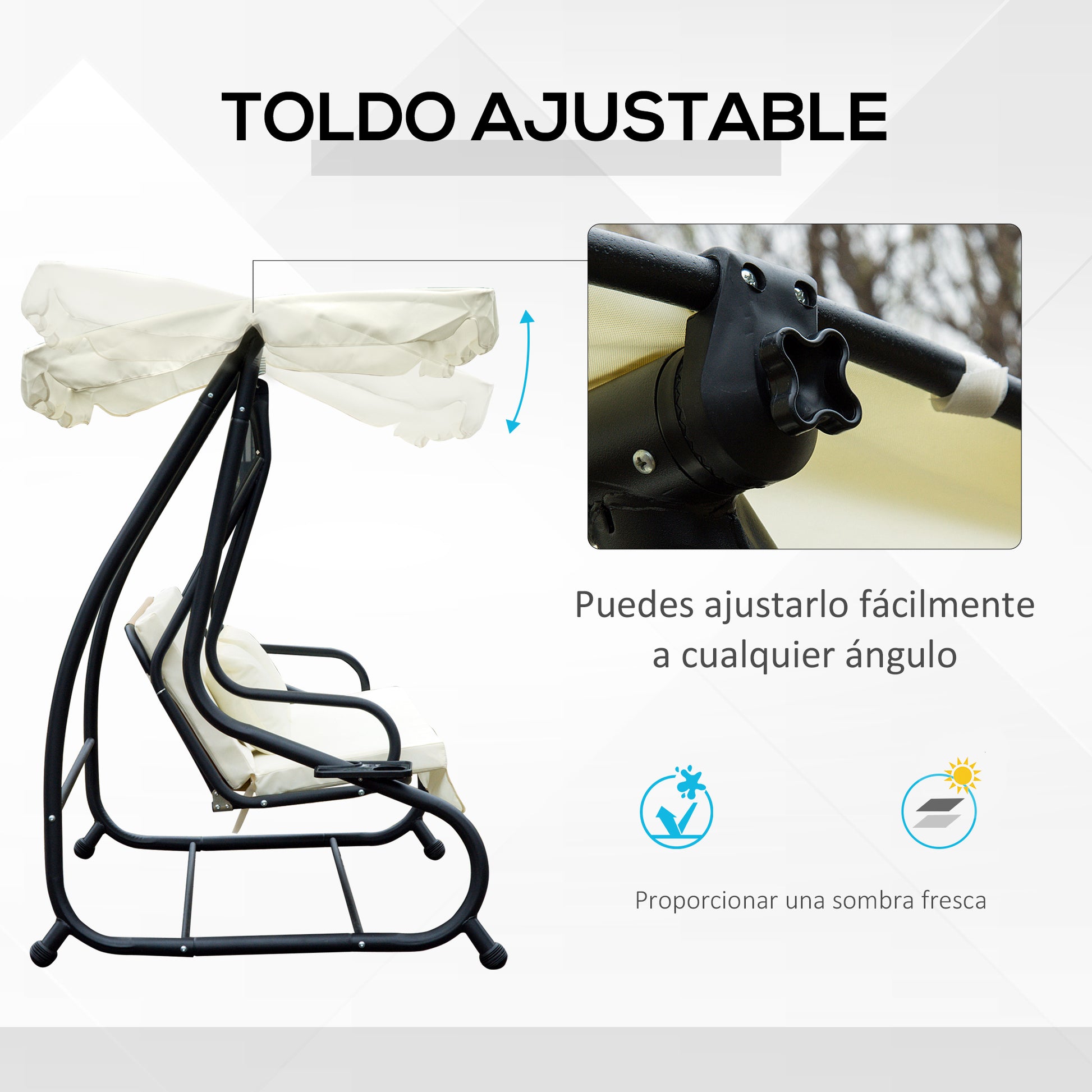 Outsunny Columpio Balancín Jardín 3 Plazas Convertible en Cama Techo Parasol Regulable Bandeja para Bebida Terrza Balcón Exterior Carga máx. 340kg Acero 200x120x164cm Beige