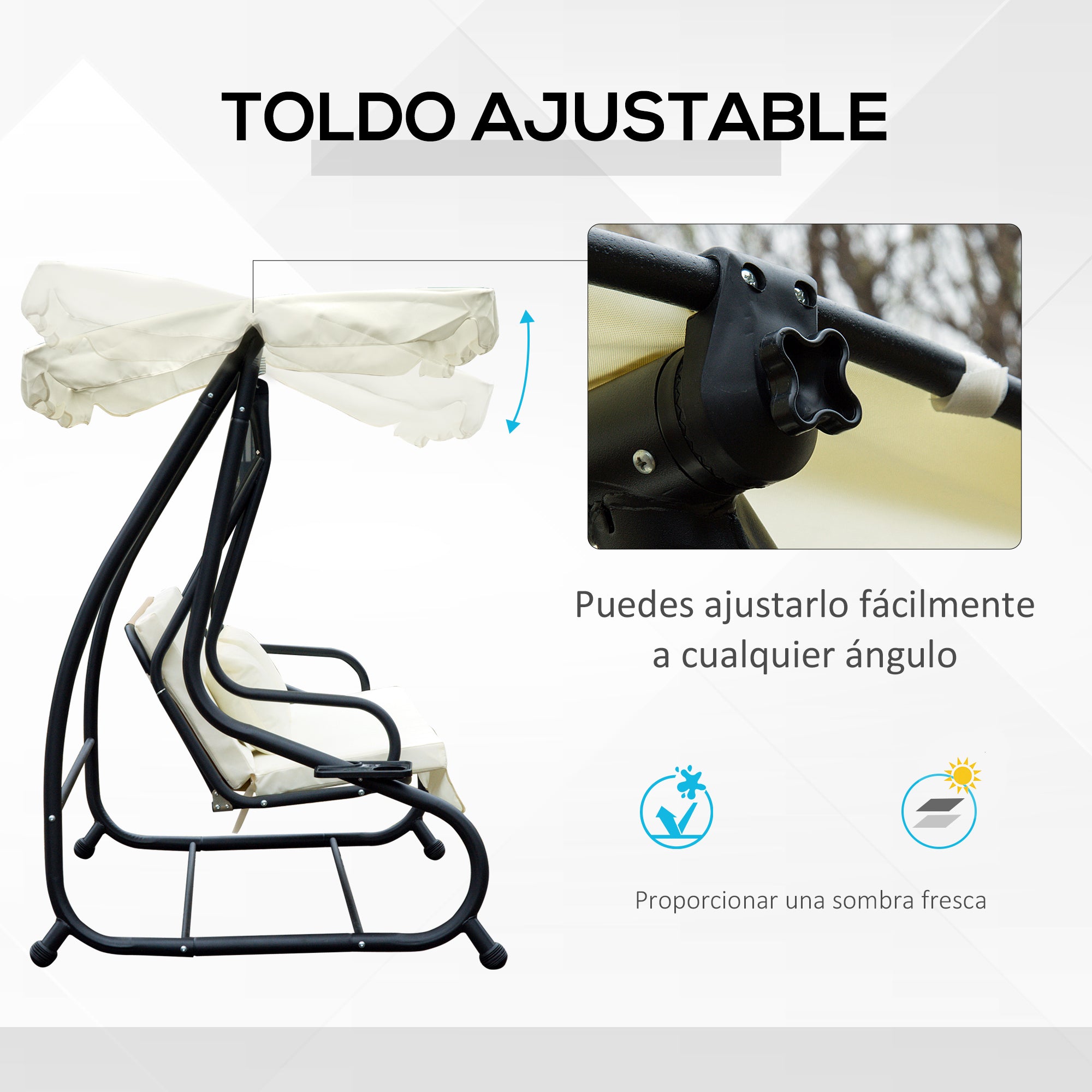 Outsunny Columpio Balancín Jardín 3 Plazas Convertible en Cama Techo Parasol Regulable Bandeja para Bebida Terrza Balcón Exterior Carga máx. 340kg Acero 200x120x164cm Beige