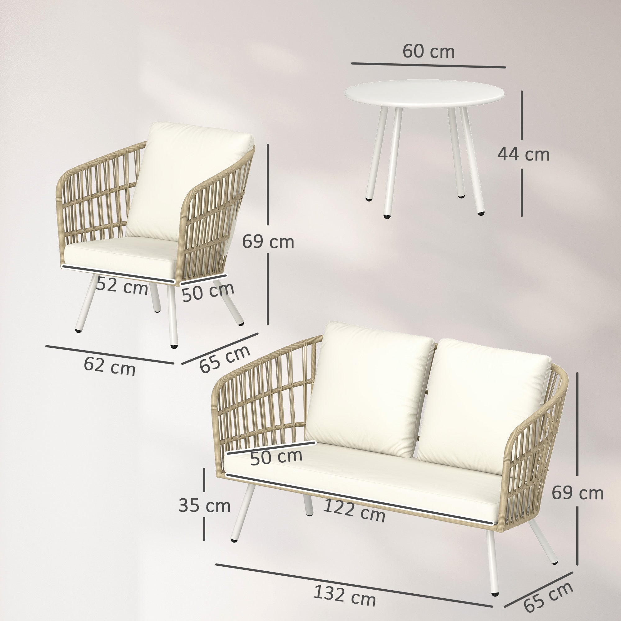 Outsunny Conjunto de Jardín Exterior de Ratán Sintético de 4 Piezas Muebles de Jardín Exterior con Sofá de 2 Plazas 2 Sillones 1 Mesa de Centro de Metal con Cojines Crema y Natural