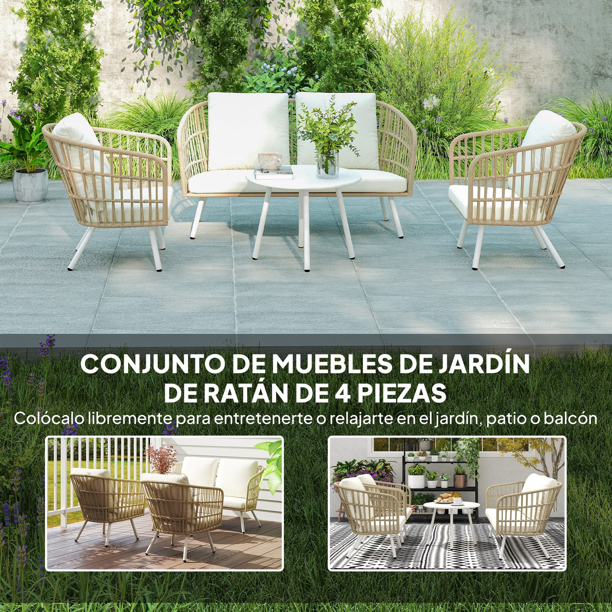 Outsunny Conjunto de Jardín Exterior de Ratán Sintético de 4 Piezas Muebles de Jardín Exterior con Sofá de 2 Plazas 2 Sillones 1 Mesa de Centro de Metal con Cojines Crema y Natural
