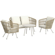 Outsunny Conjunto de Jardín Exterior de Ratán Sintético de 4 Piezas Muebles de Jardín Exterior con Sofá de 2 Plazas 2 Sillones 1 Mesa de Centro de Metal con Cojines Crema y Natural