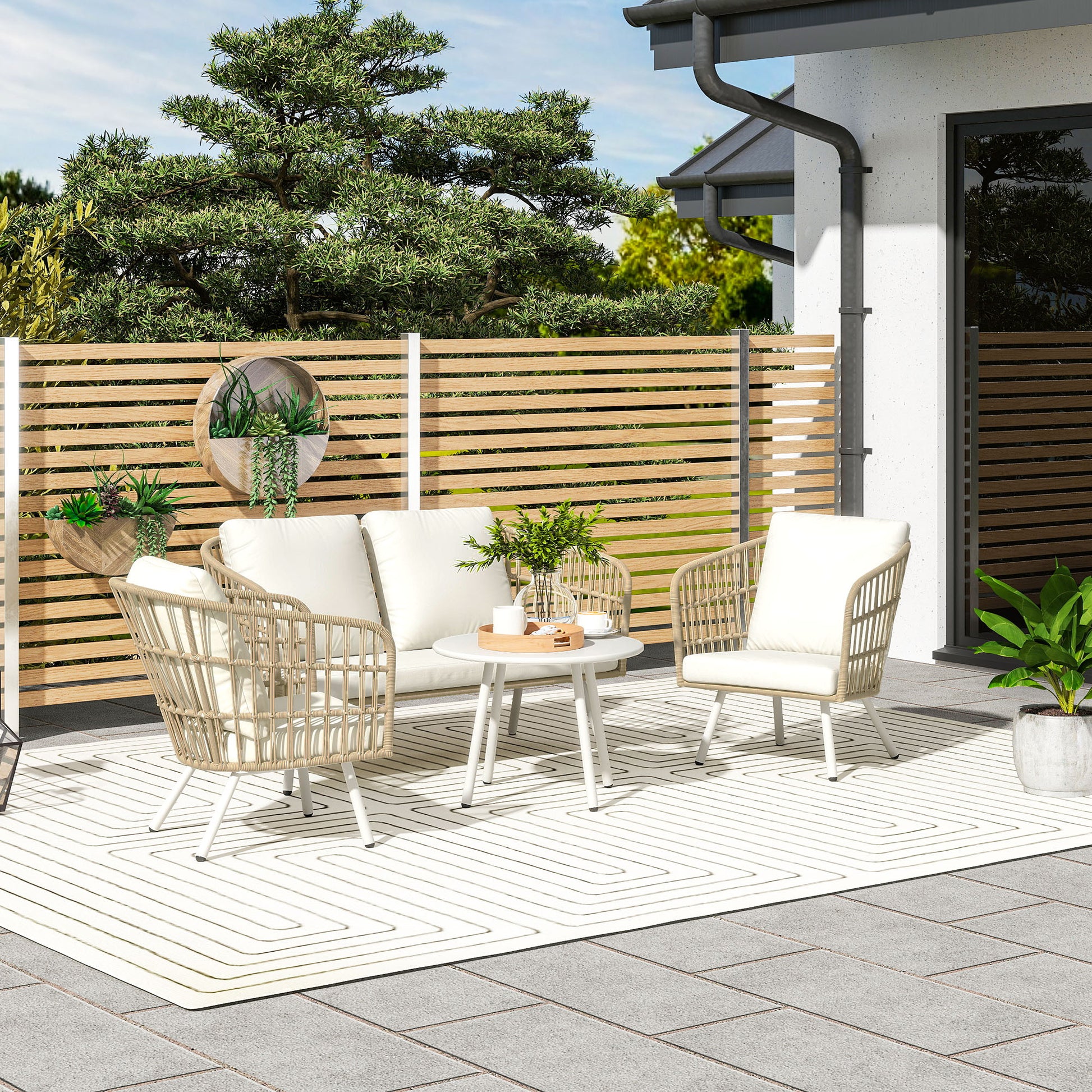 Outsunny Conjunto de Jardín Exterior de Ratán Sintético de 4 Piezas Muebles de Jardín Exterior con Sofá de 2 Plazas 2 Sillones 1 Mesa de Centro de Metal con Cojines Crema y Natural