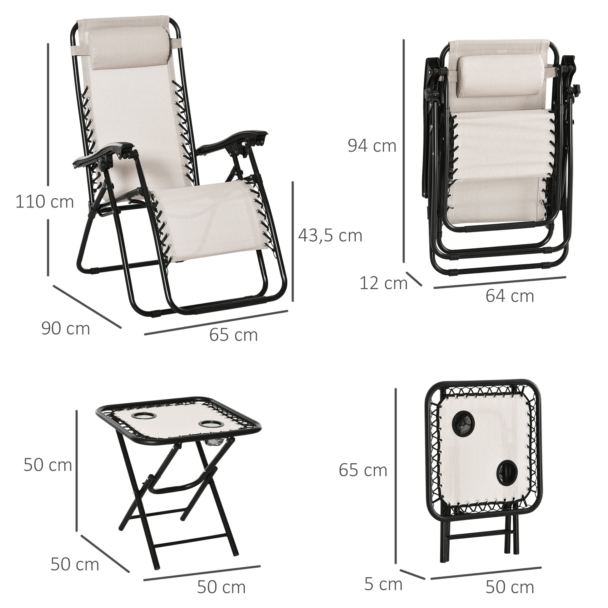 Outsunny Set de 2 Sillas de Gravedad Cero Plegables 90x65x110 cm y Mesa Auxiliar 50x50x50 cm con 2 Portavasos Sillas Reclinables con Reposacabezas para Jardín Terraza Beige