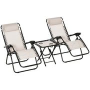 Outsunny Set de 2 Sillas de Gravedad Cero Plegables 90x65x110 cm y Mesa Auxiliar 50x50x50 cm con 2 Portavasos Sillas Reclinables con Reposacabezas para Jardín Terraza Beige