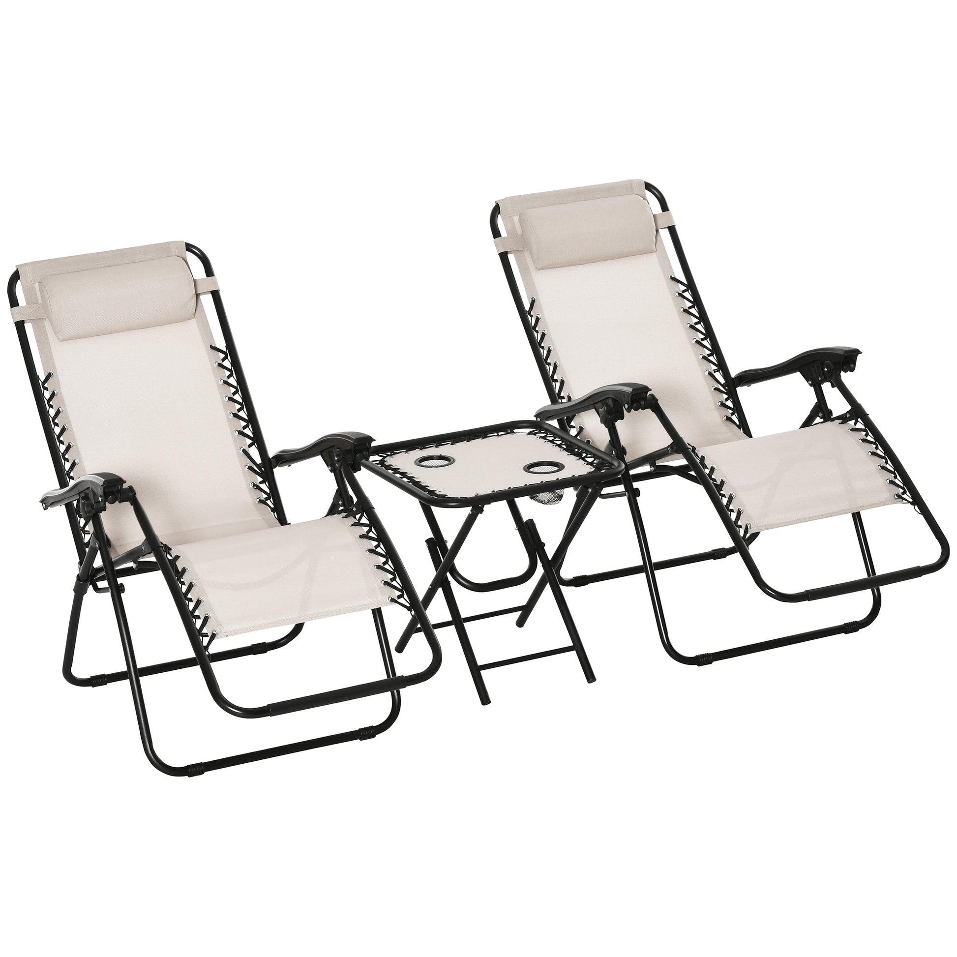 Outsunny Set de 2 Sillas de Gravedad Cero Plegables 90x65x110 cm y Mesa Auxiliar 50x50x50 cm con 2 Portavasos Sillas Reclinables con Reposacabezas para Jardín Terraza Beige