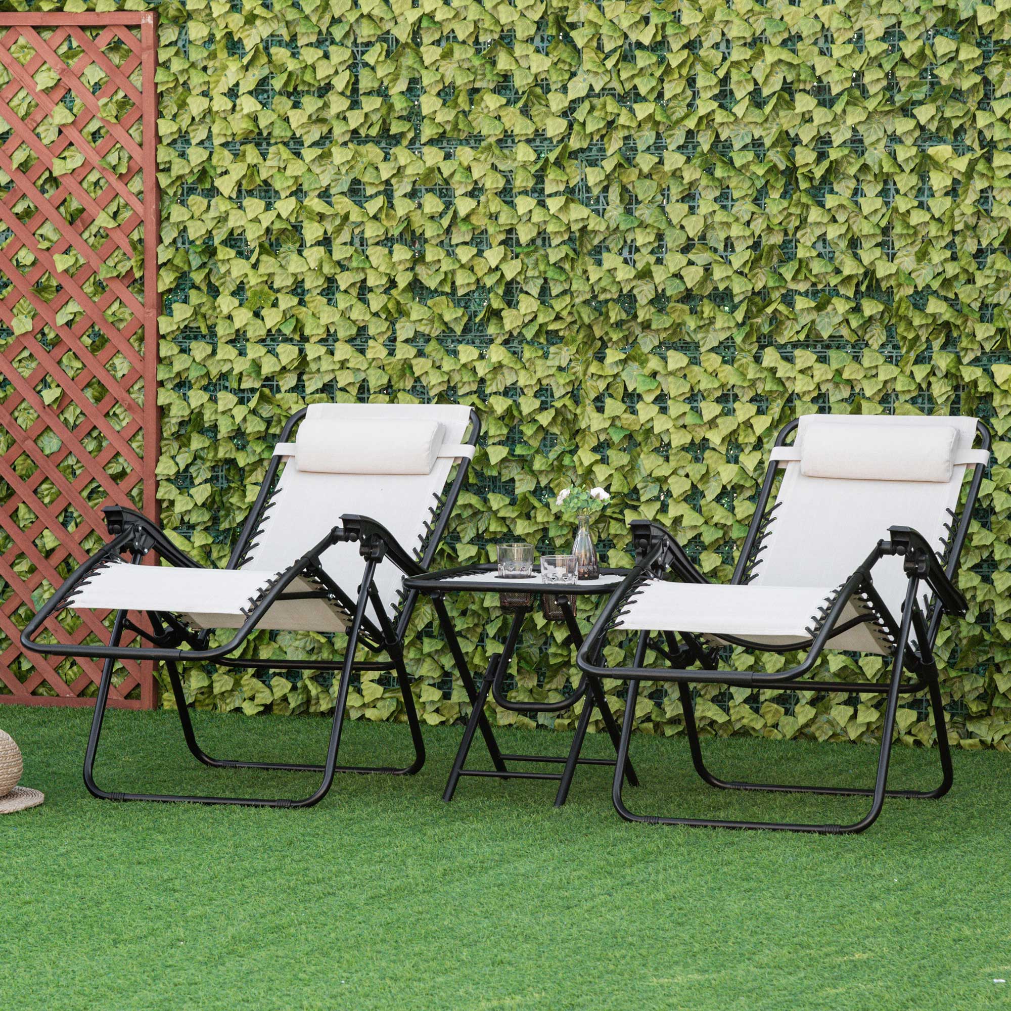 Outsunny Set de 2 Sillas de Gravedad Cero Plegables 90x65x110 cm y Mesa Auxiliar 50x50x50 cm con 2 Portavasos Sillas Reclinables con Reposacabezas para Jardín Terraza Beige