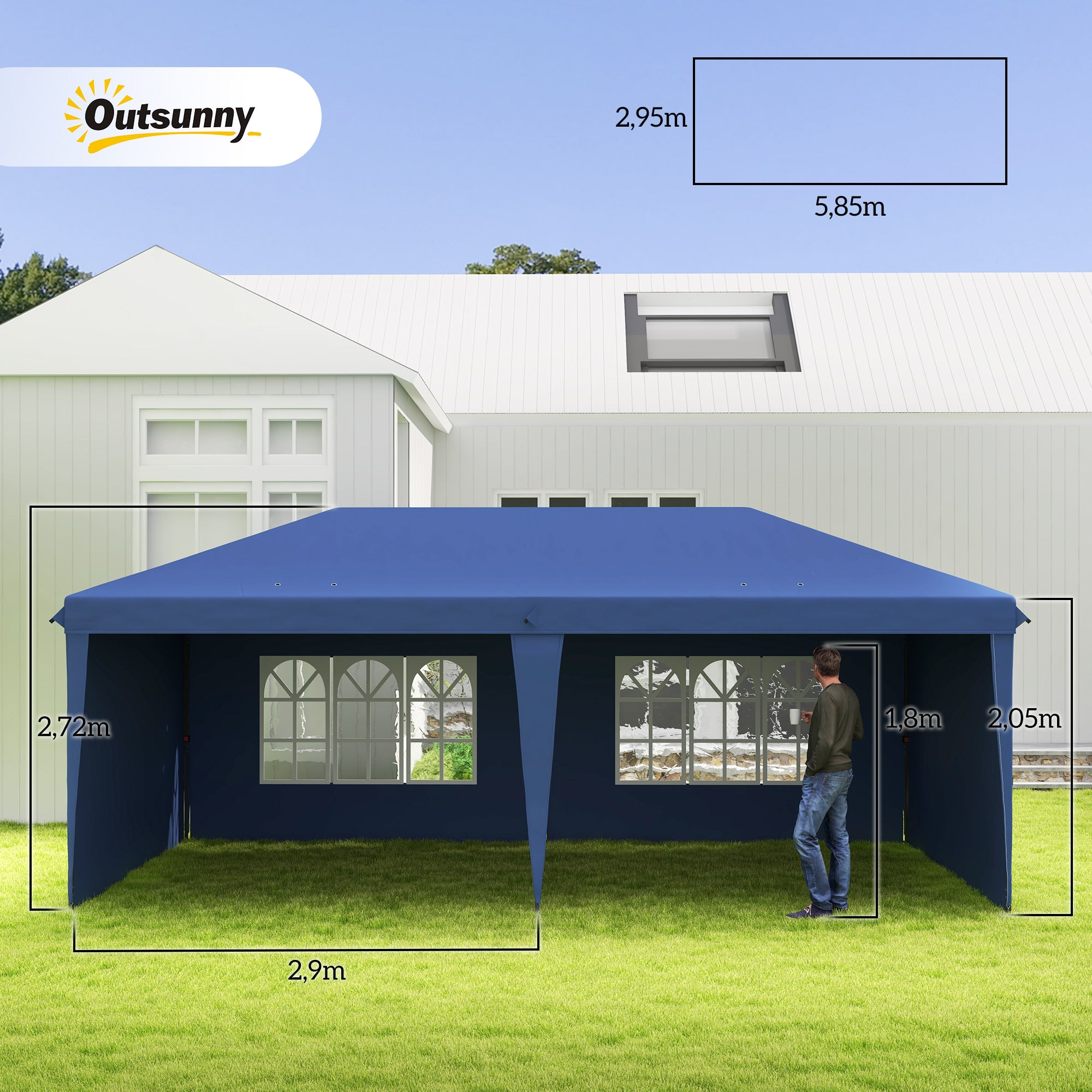 Outsunny Carpa Plegable 6x3 m, Pop-up, con 4 Laterales Desmontables, Cenador de Jardín con 2 Ventanas Visibles, Bolsa de Transporte, Impermeable, Anti-UV, Gazebo para Camping, Fiestas, Exterior, Azul
