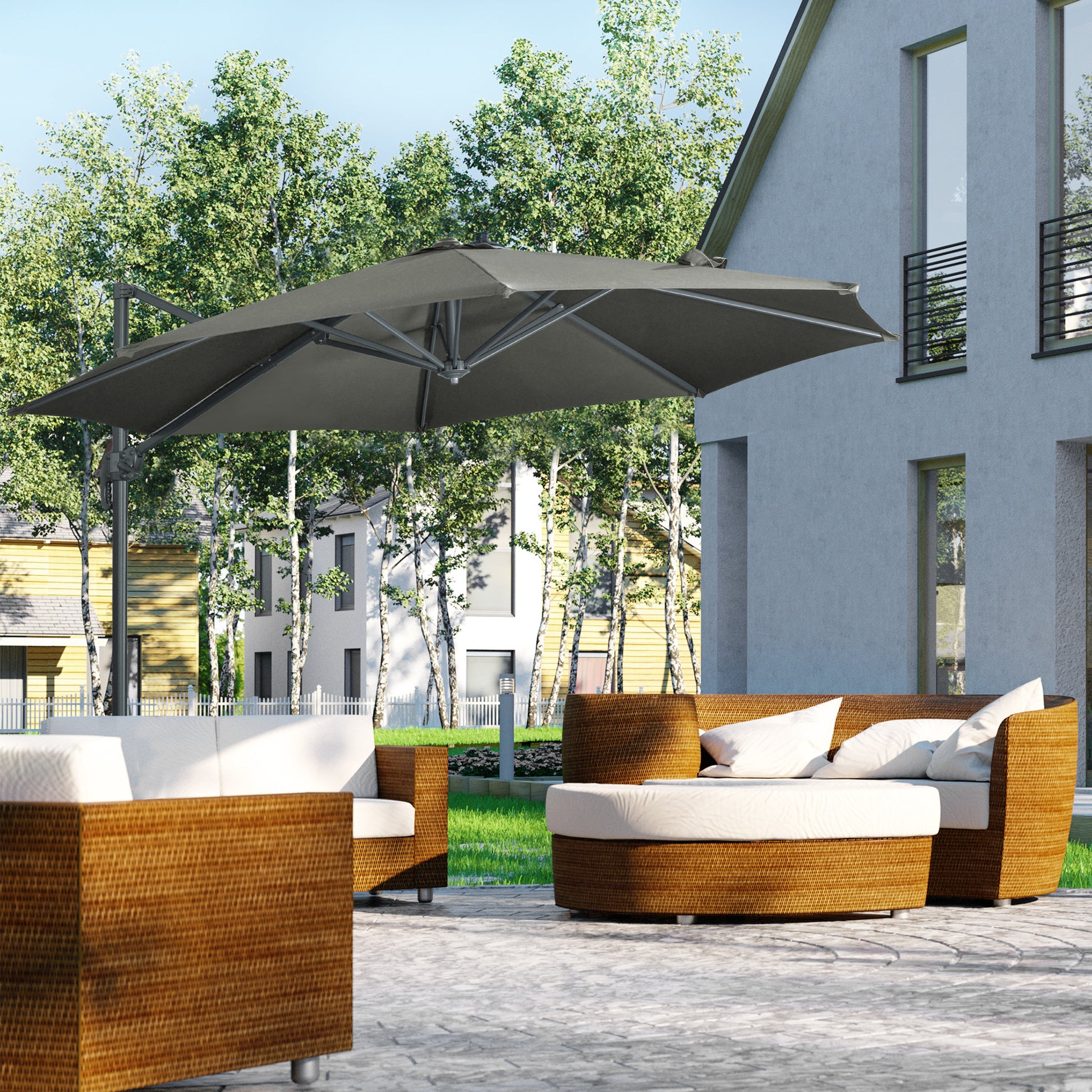 Outsunny Sombrilla de Jardín Ø300x250 cm Parasol Excéntrico de Aluminio con Manivela Toldo Inclinable Giratorio 360° con Pedal y Base Cruzada Gris
