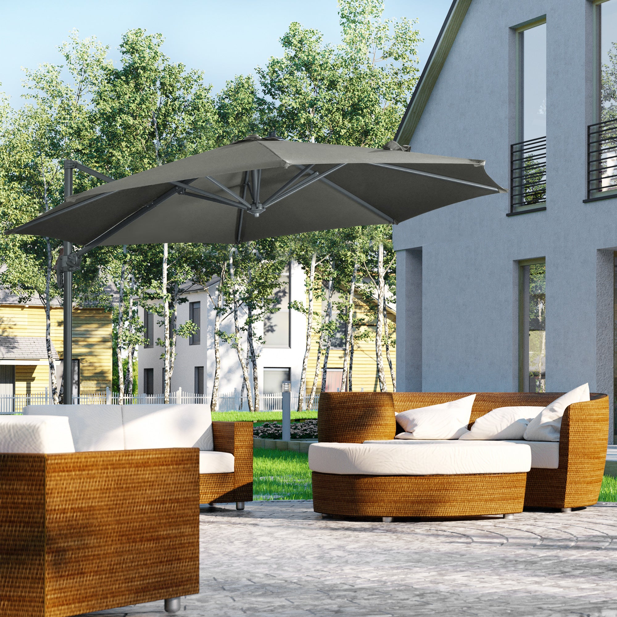 Outsunny Sombrilla de Jardín Ø300x250 cm Parasol Excéntrico de Aluminio con Manivela Toldo Inclinable Giratorio 360° con Pedal y Base Cruzada Gris