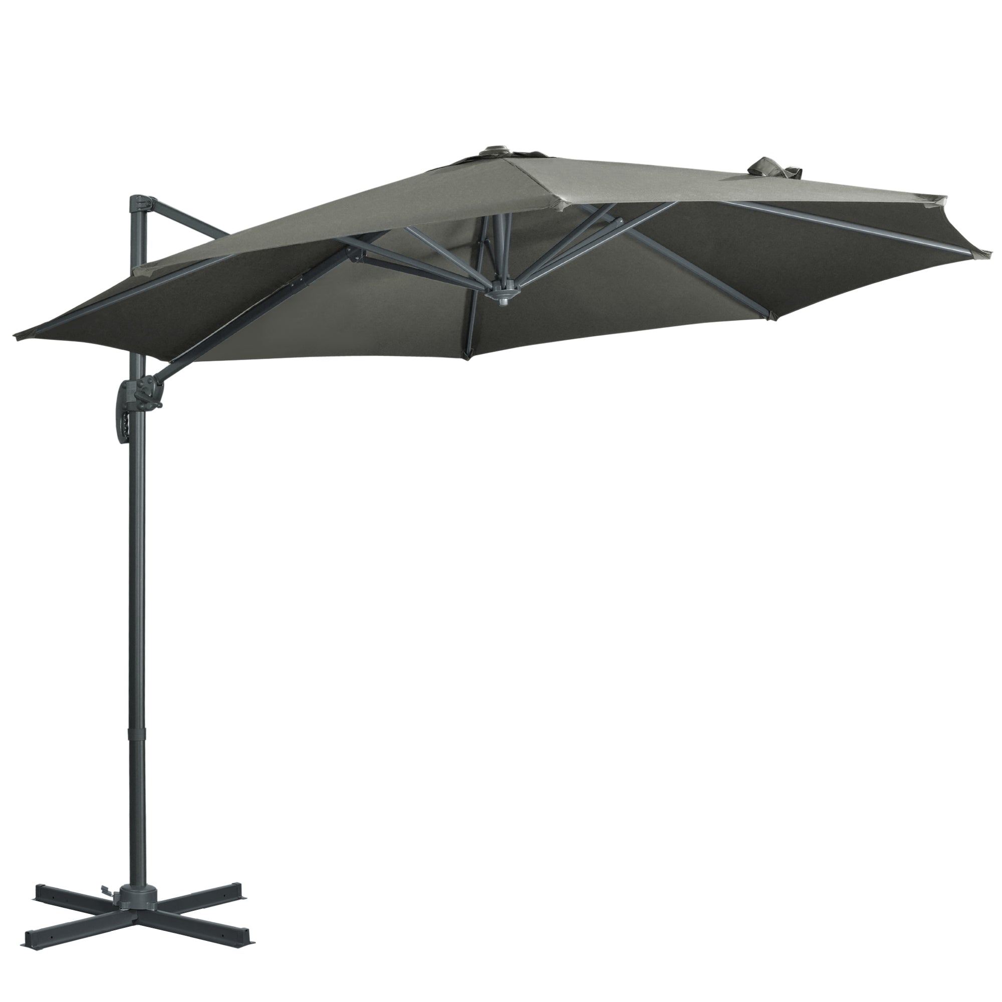 Outsunny Sombrilla de Jardín Ø300x250 cm Parasol Excéntrico de Aluminio con Manivela Toldo Inclinable Giratorio 360° con Pedal y Base Cruzada Gris