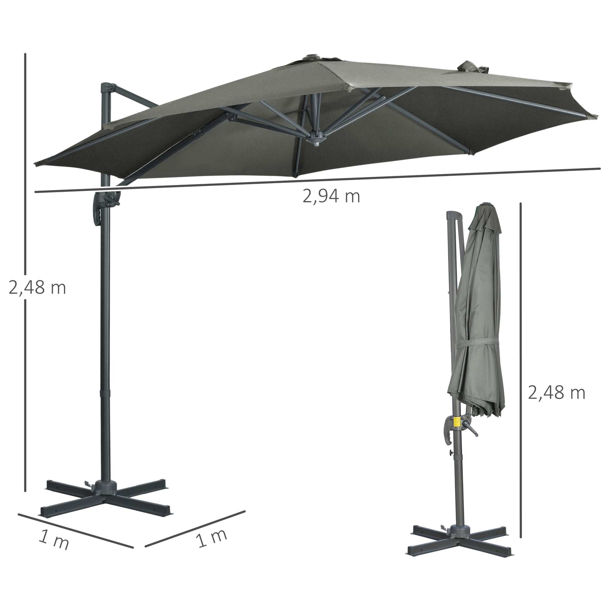 Outsunny Sombrilla de Jardín Ø300x250 cm Parasol Excéntrico de Aluminio con Manivela Toldo Inclinable Giratorio 360° con Pedal y Base Cruzada Gris