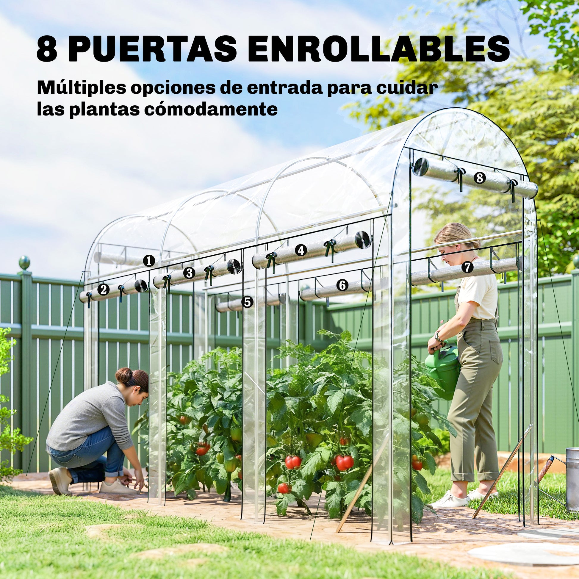 Outsunny Invernadero de Exterior 3x1x2 m, Invernadero de Túnel con 8 Puertas Enrollables, Cubierta de Plástico y Marco de Acero Galvanizado, Anti-UV, Impermeable, para Cultivos, Transparente