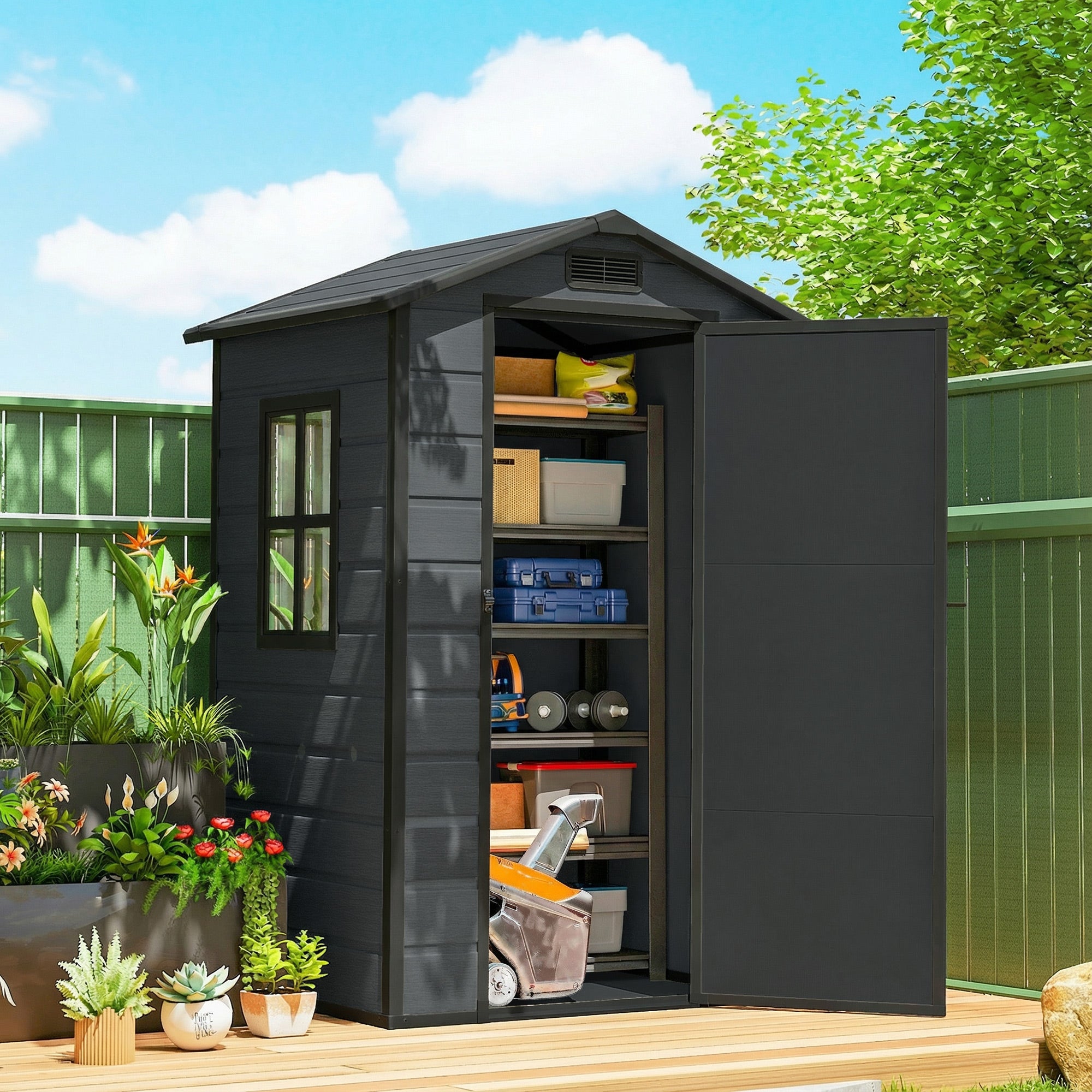 Outsunny Caseta de Jardín Exterior 1,09 m², 128x104x196 cm, Cobertizo de Jardín Exterior de Plástico con Suelo, Puerta con Cerradura, Ventana y Ventilación para Almacenaje de Herramientas, Gris Oscuro