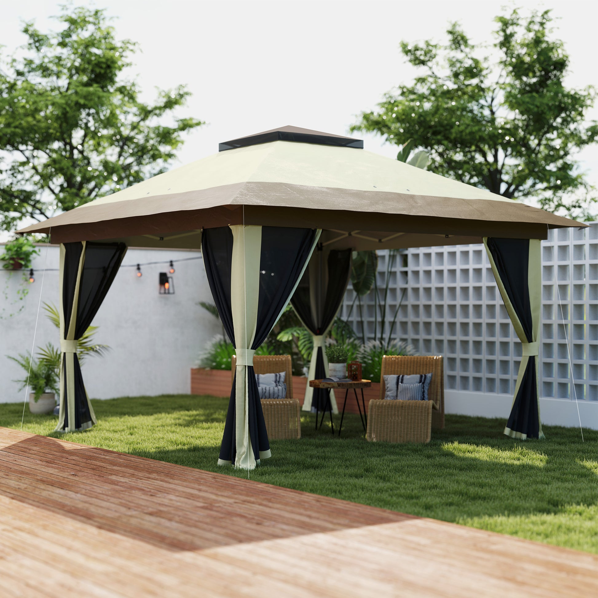 Outsunny Carpa Plegable Gazebo 3,6x3,6 m Cenador Plegable con 4 Paredes Laterales de Malla Anti-UV Altura Ajustable Bolsa de Arena y Bolsa de Transporte para Camping Fiestas Crema