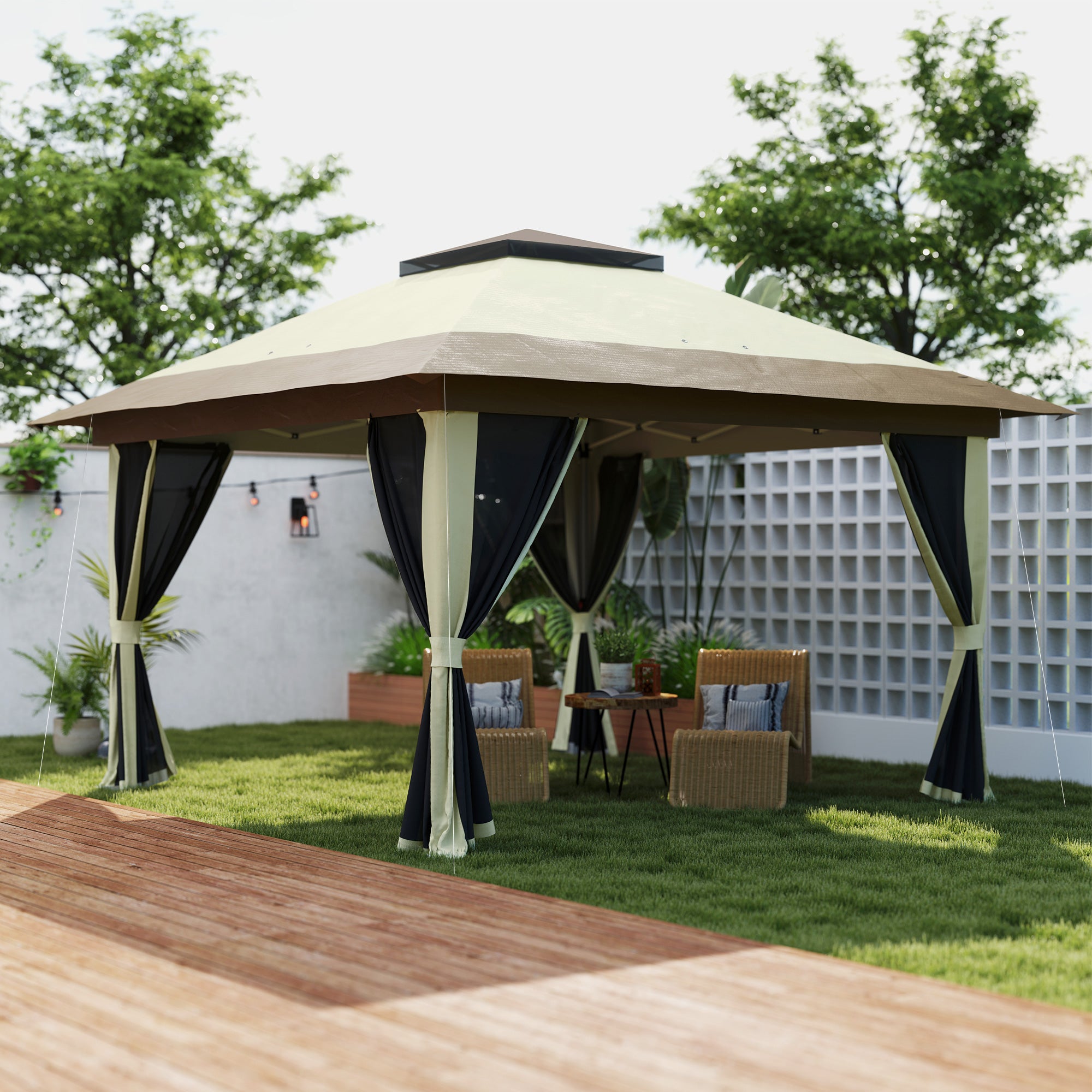 Outsunny Carpa Plegable Gazebo 3,6x3,6 m Cenador Plegable con 4 Paredes Laterales de Malla Anti-UV Altura Ajustable Bolsa de Arena y Bolsa de Transporte para Camping Fiestas Crema