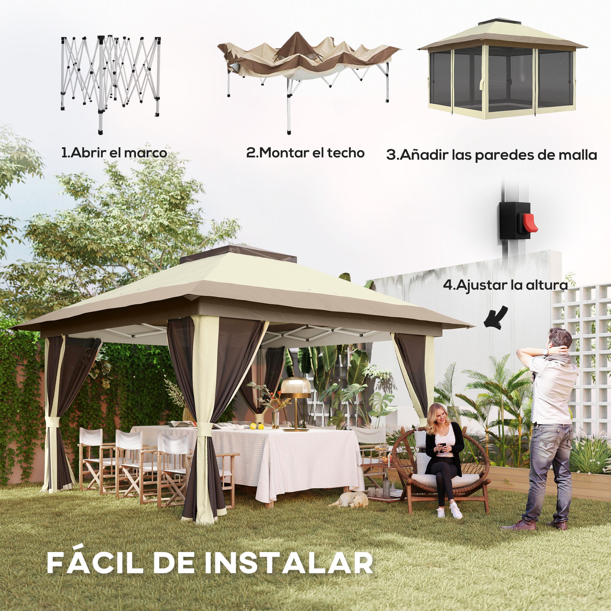 Outsunny Carpa Plegable Gazebo 3,6x3,6 m Cenador Plegable con 4 Paredes Laterales de Malla Anti-UV Altura Ajustable Bolsa de Arena y Bolsa de Transporte para Camping Fiestas Crema