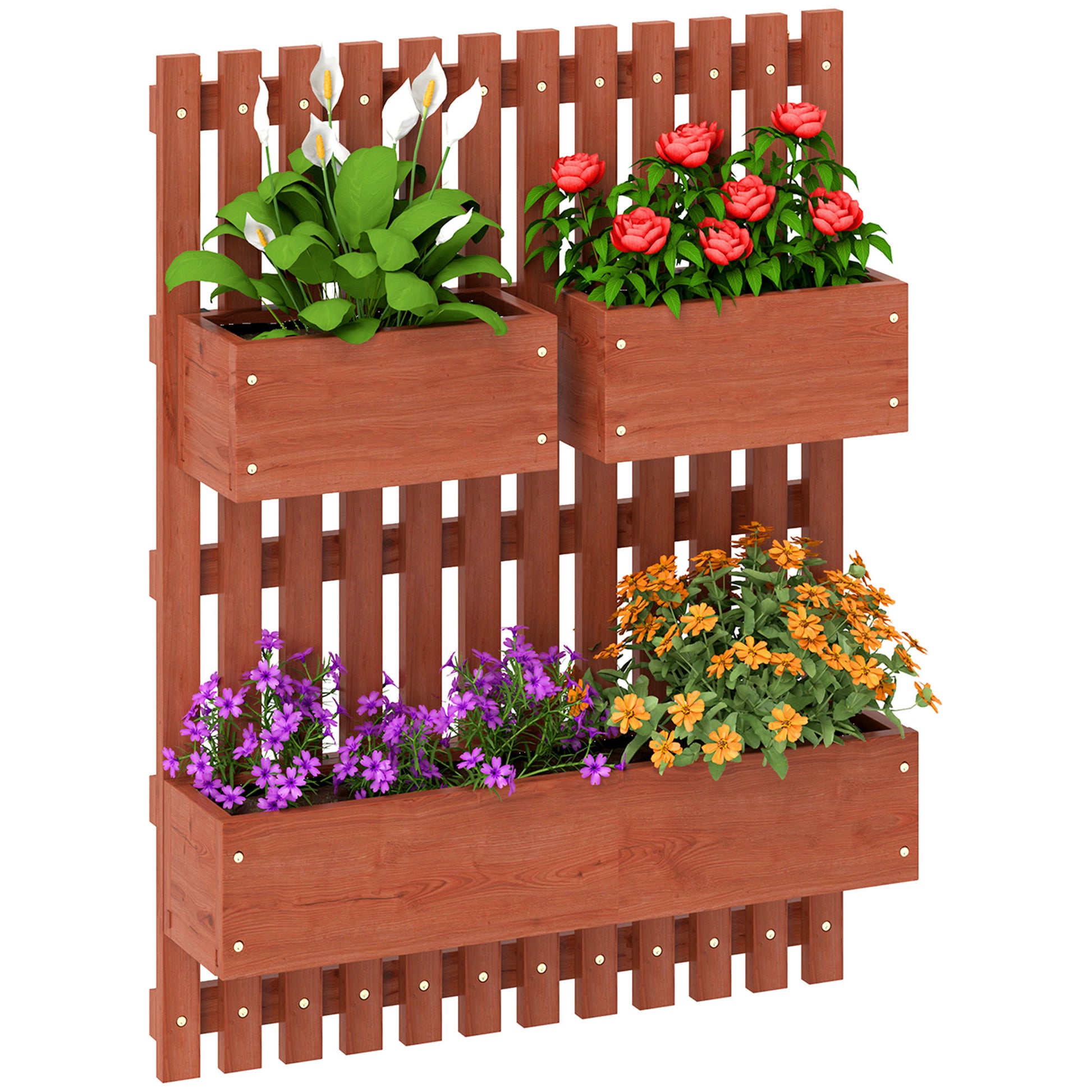 Outsunny Jardinera de Pared con Enrejado, Jardinera Exterior Grande de Madera con 3 Macetas Móviles y Orificio de Drenaje, para Exterior, Jardín, Terraza, Patio, 60x16x80 cm, Marrón