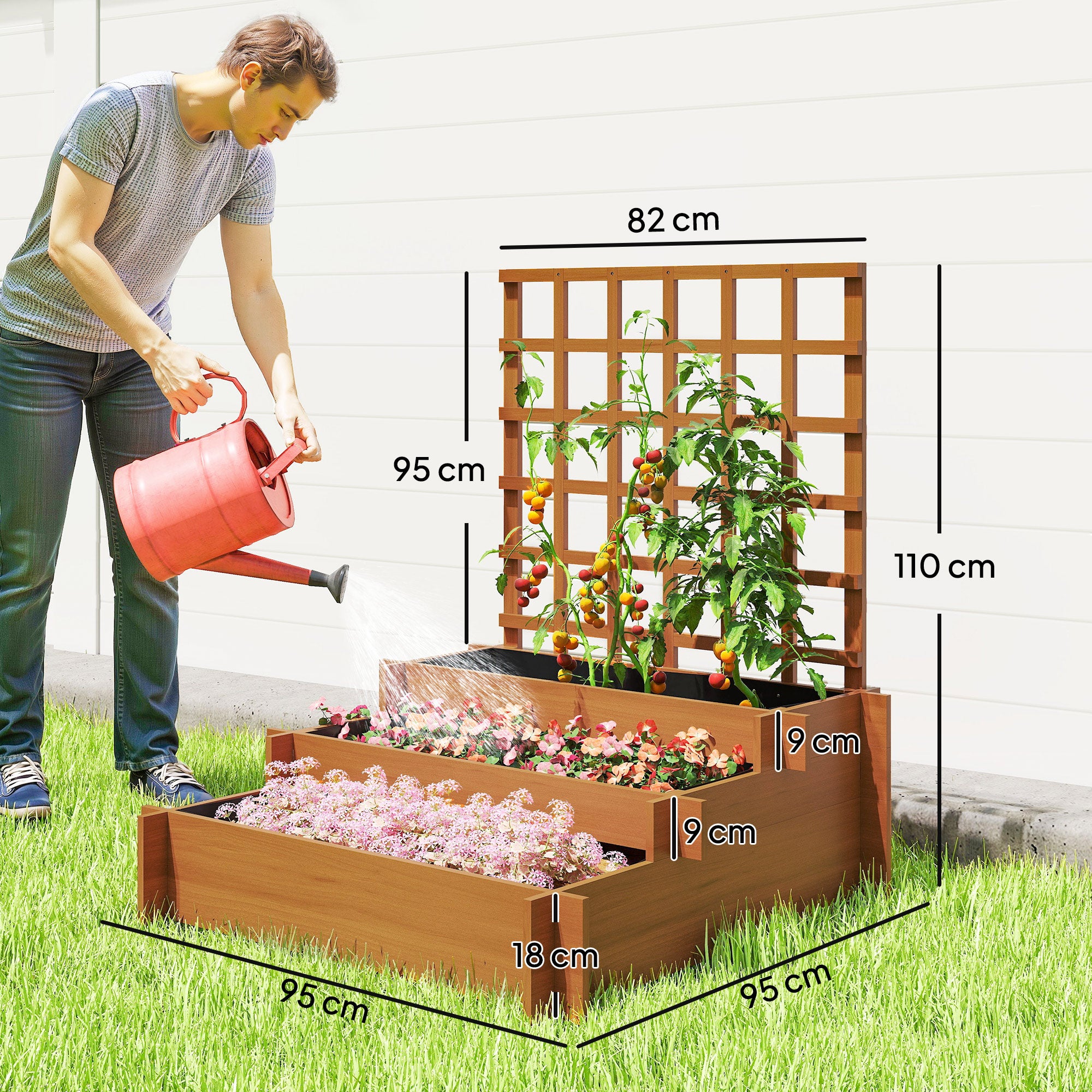 Outsunny Jardinera con Enrejado de 3 Niveles, Jardinera Exterior Grande de Madera para Plantas Trepadoras, con Tela no Tejida, Macetero Elevado para Jardín, Patio, Terraza, 95x95x110 cm, Marrón