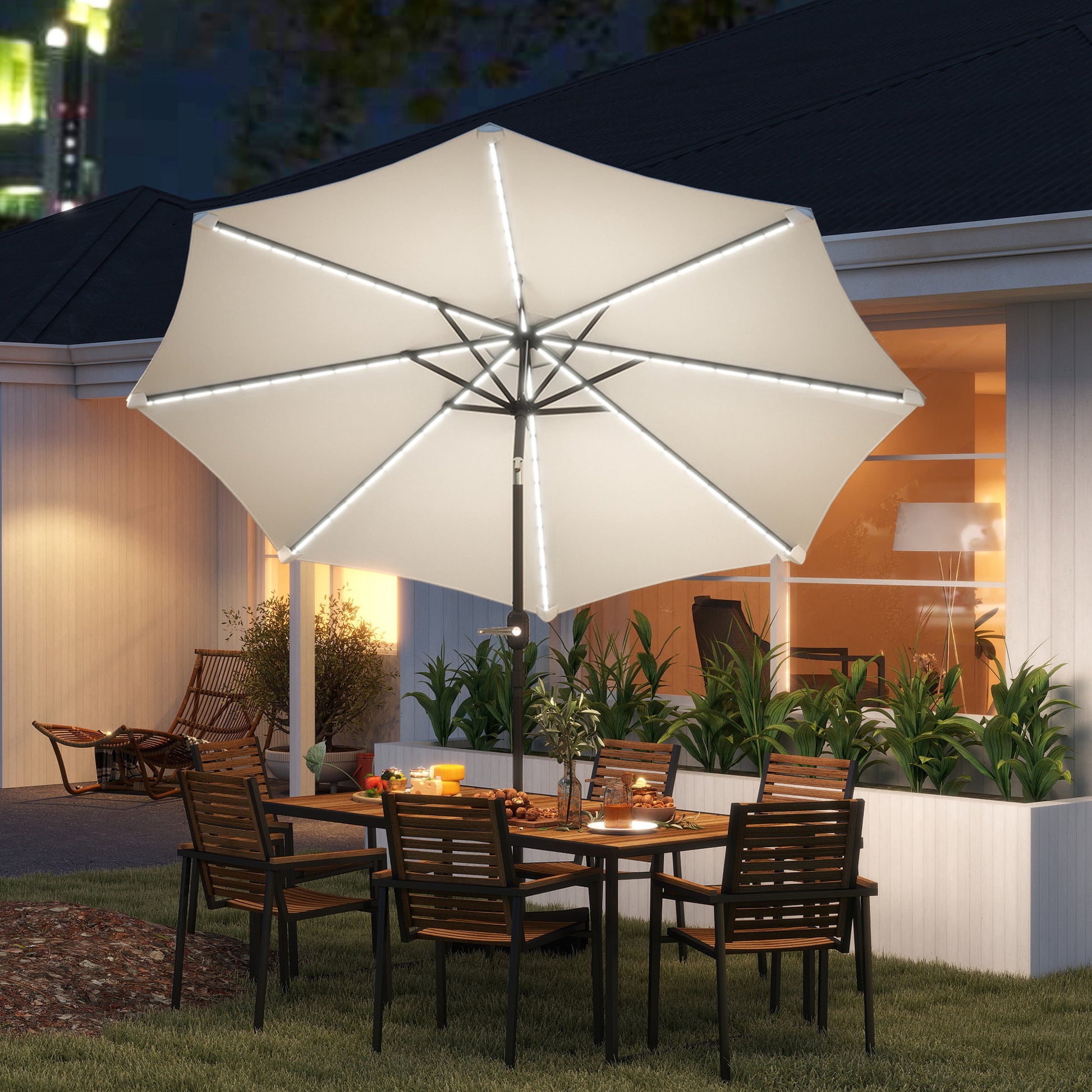 Outsunny Sombrilla Terraza Exterior con Luces LED Solares Ø292x252 cm Sombrilla de Jardín con Inclinación Ajustable hasta 45° Impermeable y Manivela Parasol para Patio Piscina sin Base Crema