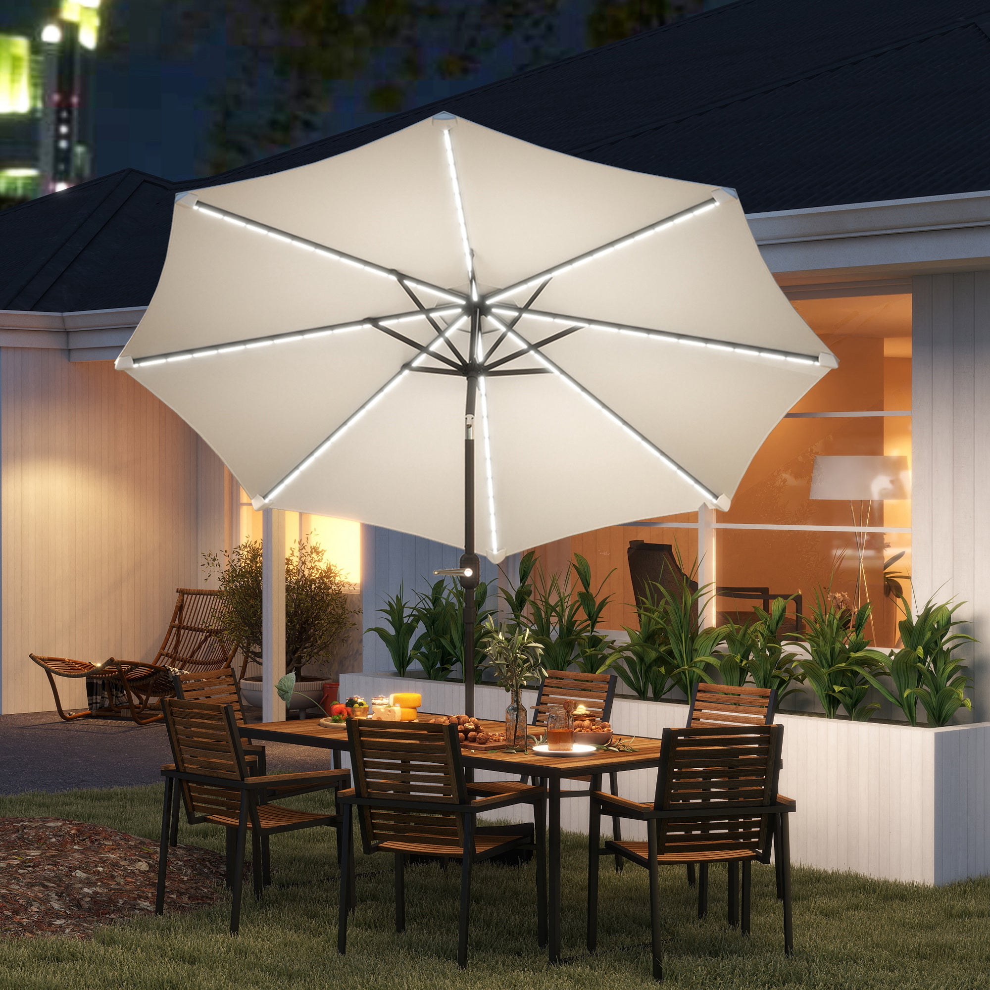 Outsunny Sombrilla Terraza Exterior con Luces LED Solares Ø292x252 cm Sombrilla de Jardín con Inclinación Ajustable hasta 45° Impermeable y Manivela Parasol para Patio Piscina sin Base Crema