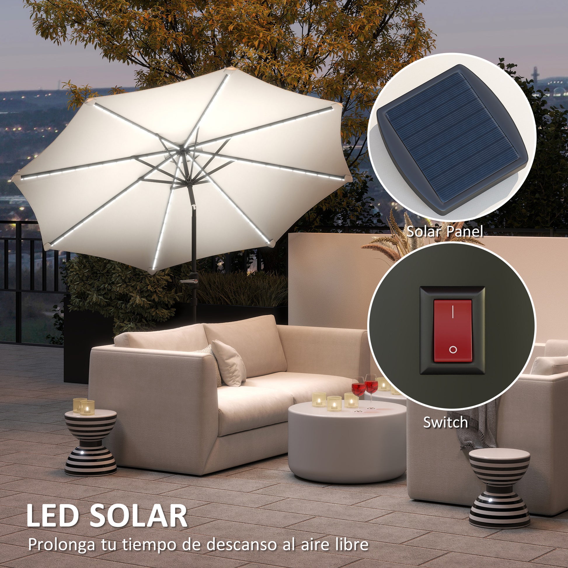 Outsunny Sombrilla Terraza Exterior con Luces LED Solares Ø292x252 cm Sombrilla de Jardín con Inclinación Ajustable hasta 45° Impermeable y Manivela Parasol para Patio Piscina sin Base Crema