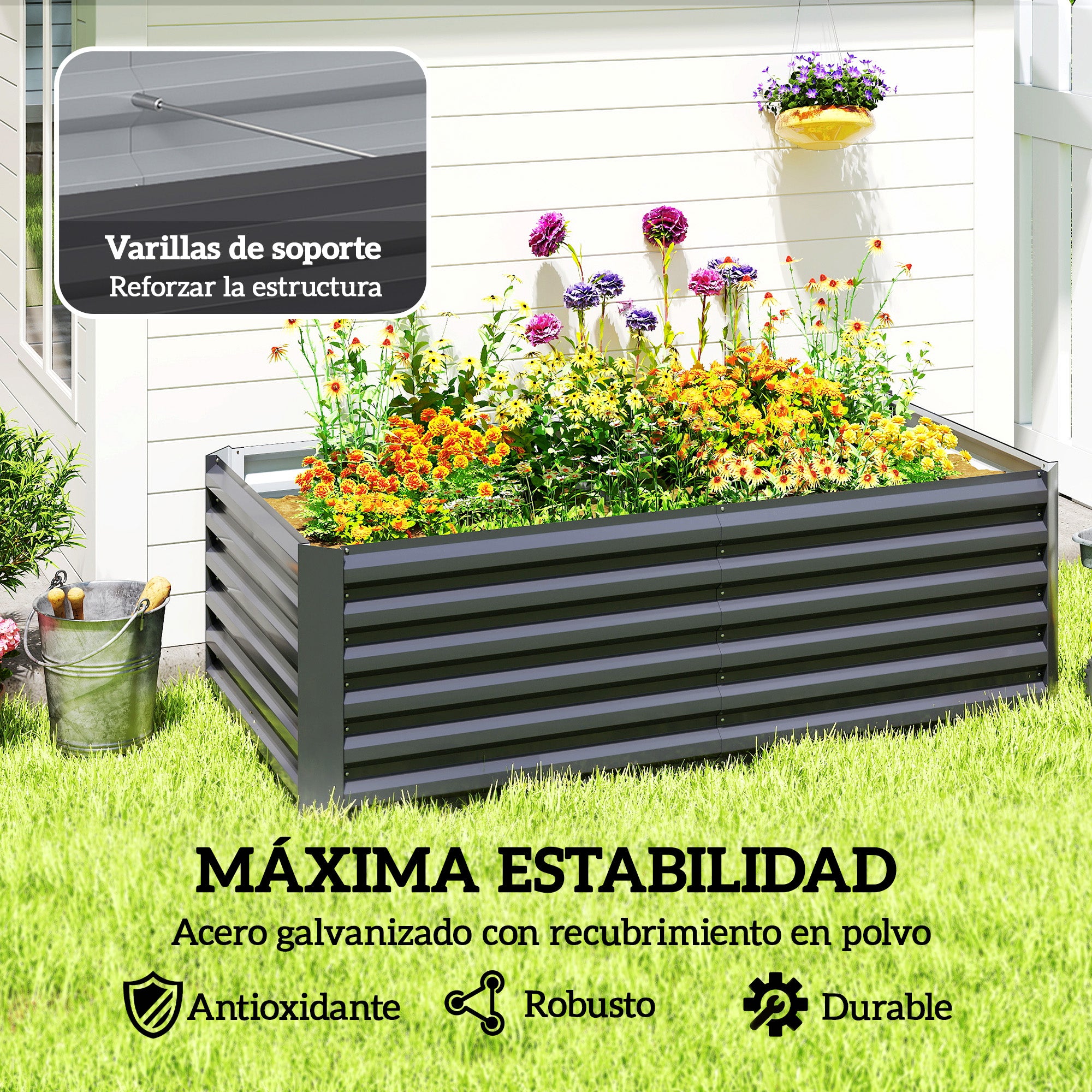 Outsunny Jardinera Exterior Grande Rectangular de Acero Galvanizado, Huerto Urbano para Cultivar Plantas, Macetero Grande Exterior con Base Abierta, Resistente a la Intemperie, 180x90x57,5 cm, Gris
