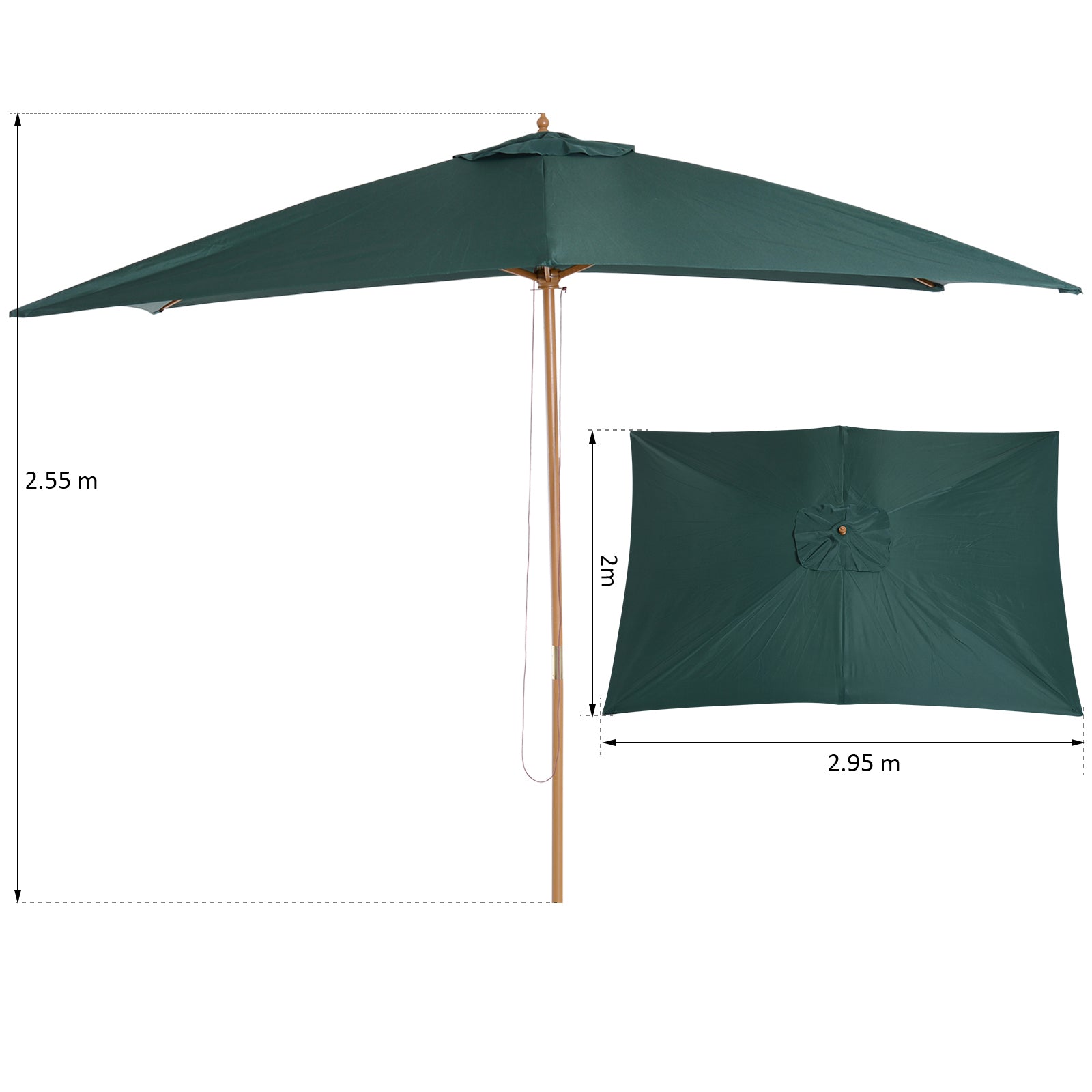 Outsunny Sombrilla Parasol 295x200x255 cm para Jardín Terraza con Mástil de Madera y Toldo de Poliéster 180g/m² Color Verde Oscuro