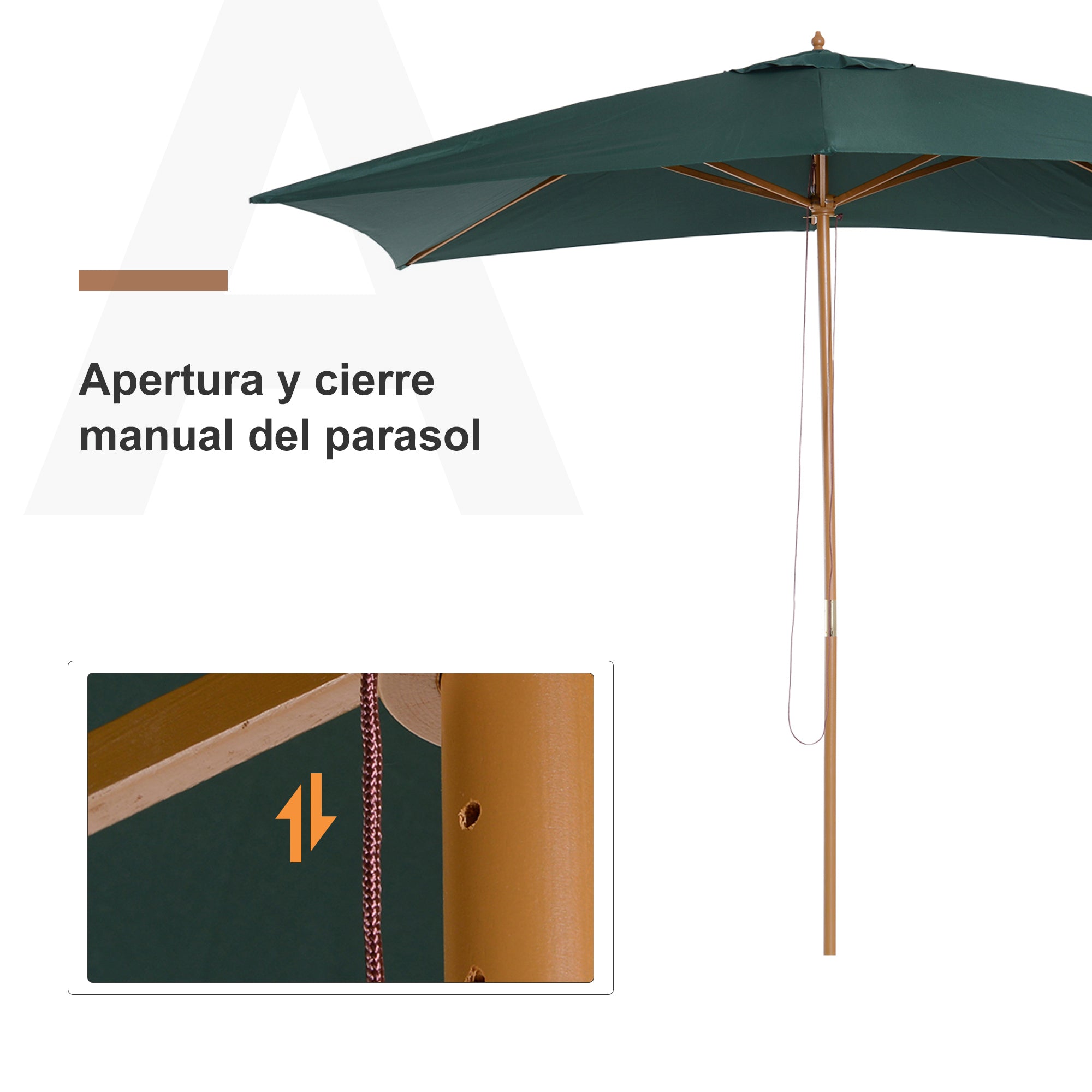 Outsunny Sombrilla Parasol 295x200x255 cm para Jardín Terraza con Mástil de Madera y Toldo de Poliéster 180g/m² Color Verde Oscuro