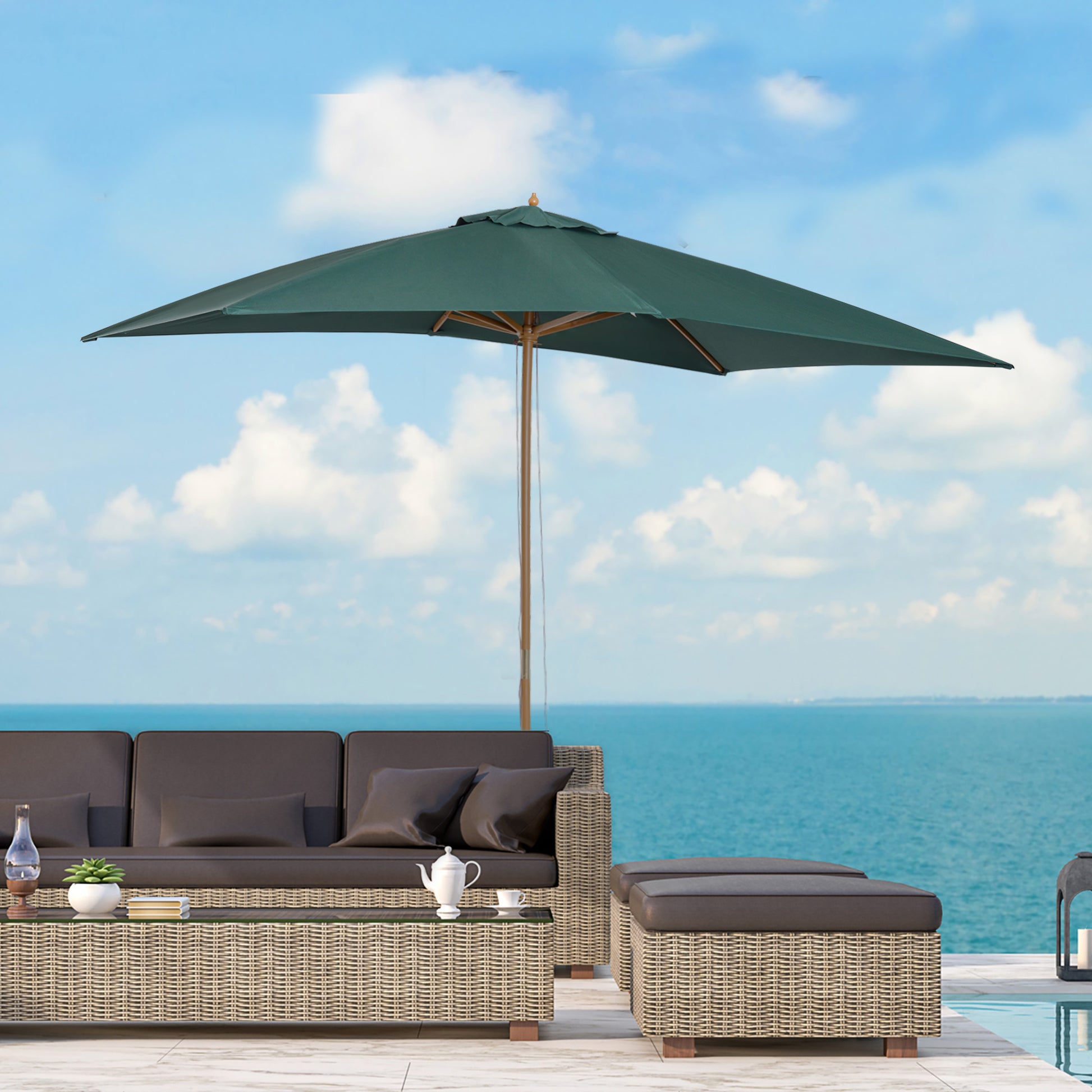 Outsunny Sombrilla Parasol 295x200x255 cm para Jardín Terraza con Mástil de Madera y Toldo de Poliéster 180g/m² Color Verde Oscuro