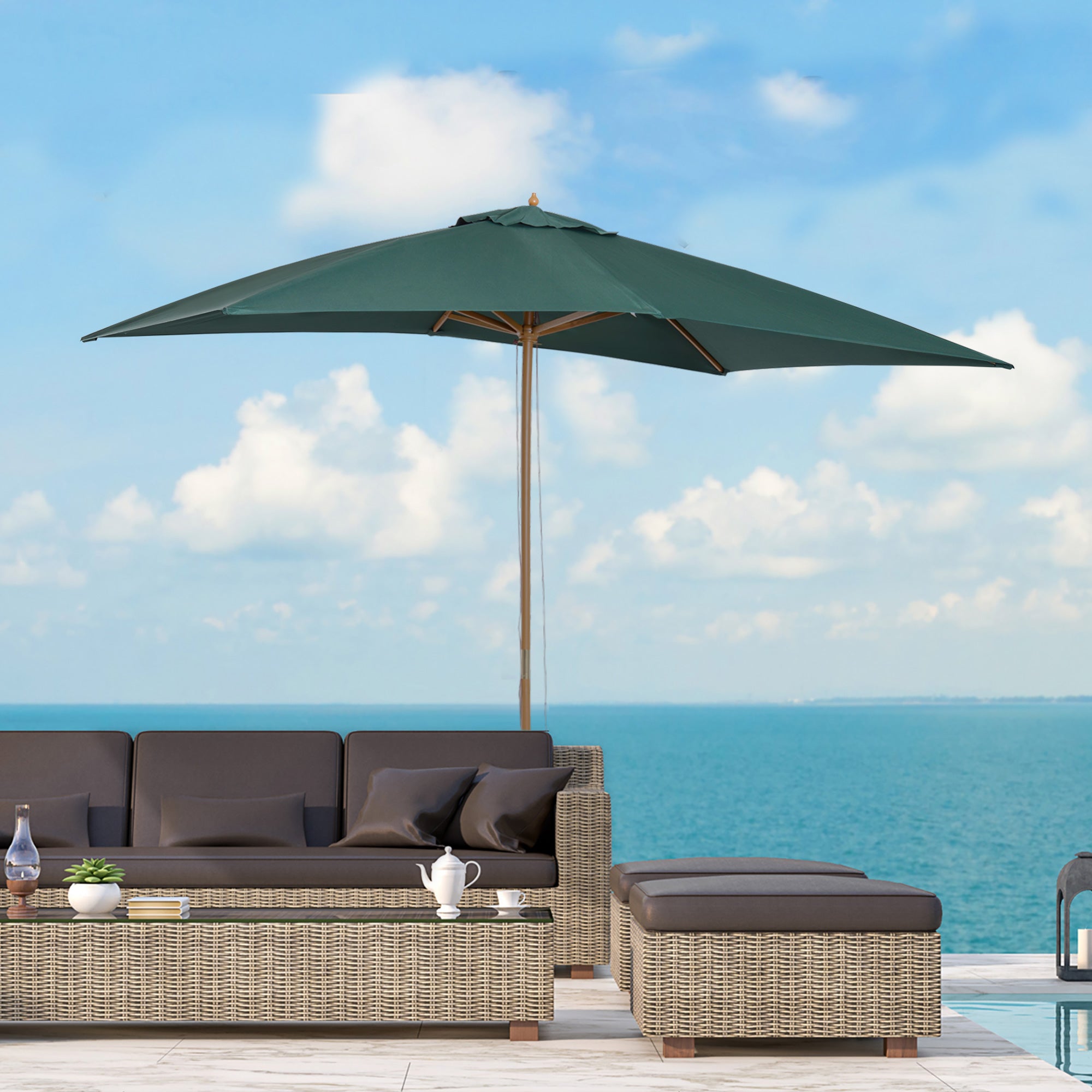 Outsunny Sombrilla Parasol 295x200x255 cm para Jardín Terraza con Mástil de Madera y Toldo de Poliéster 180g/m² Color Verde Oscuro