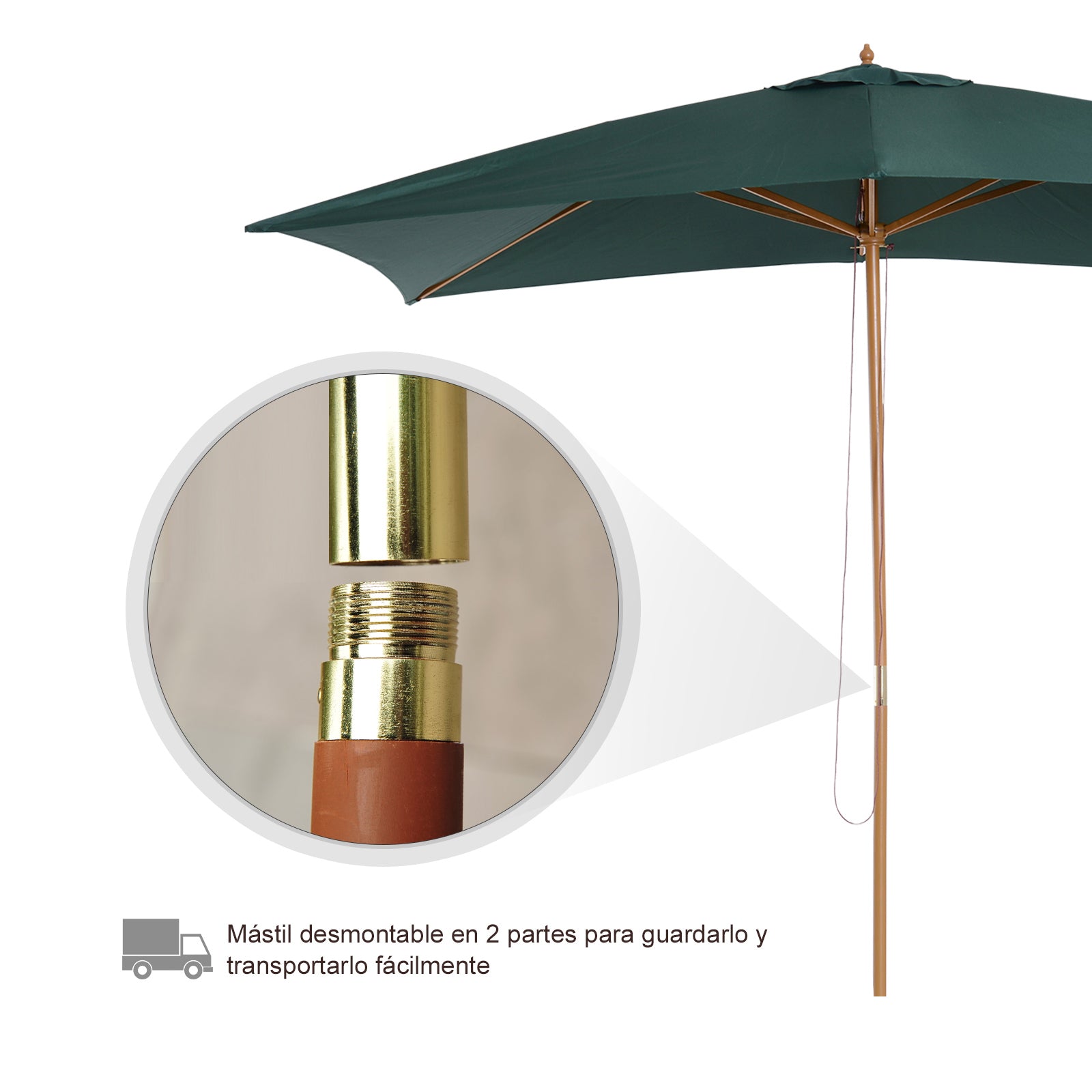 Outsunny Sombrilla Parasol 295x200x255 cm para Jardín Terraza con Mástil de Madera y Toldo de Poliéster 180g/m² Color Verde Oscuro